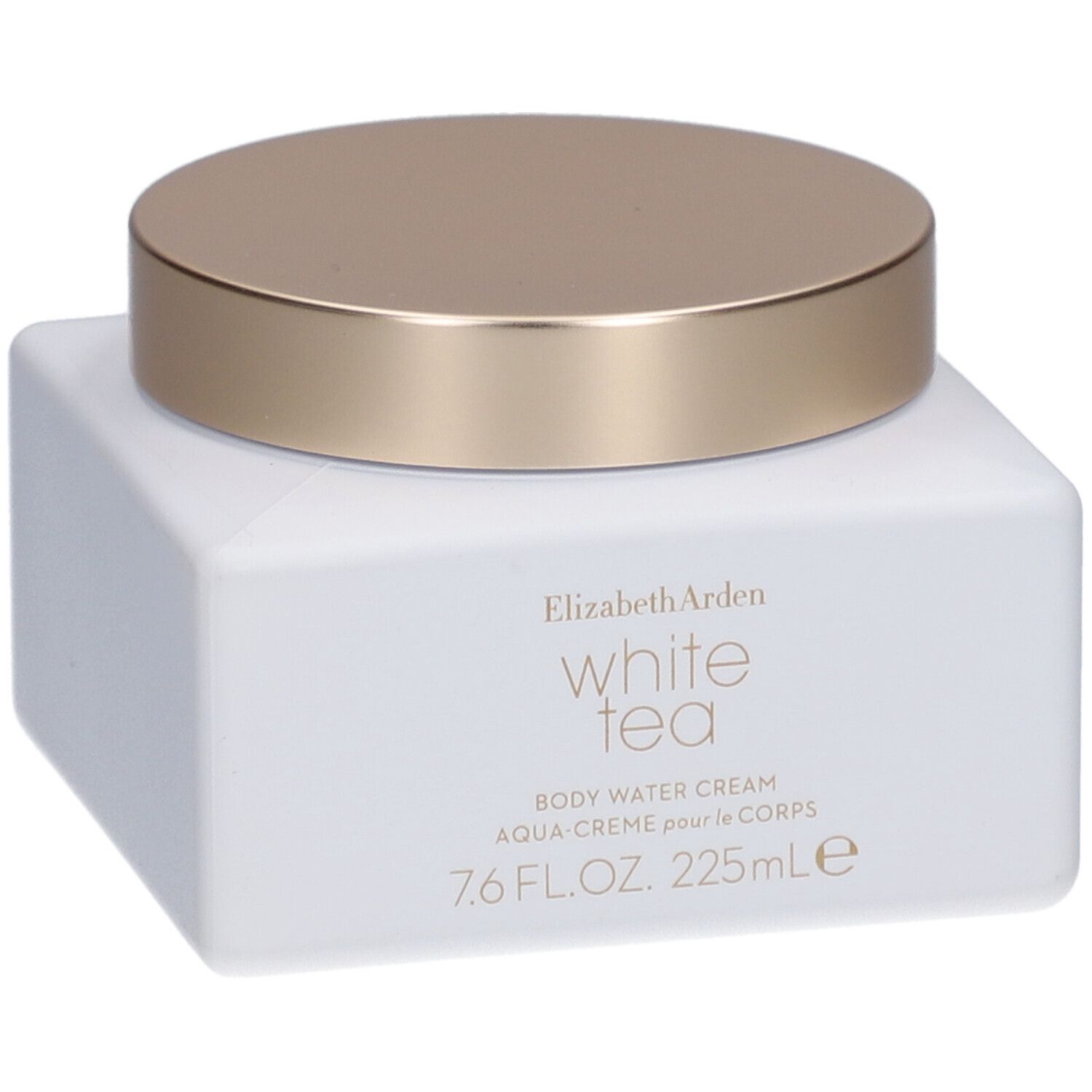 Weißer, quadratischer Tiegel mit goldenem Deckel. Aufschrift: Elizabeth Arden White Tea Body Water Cream.