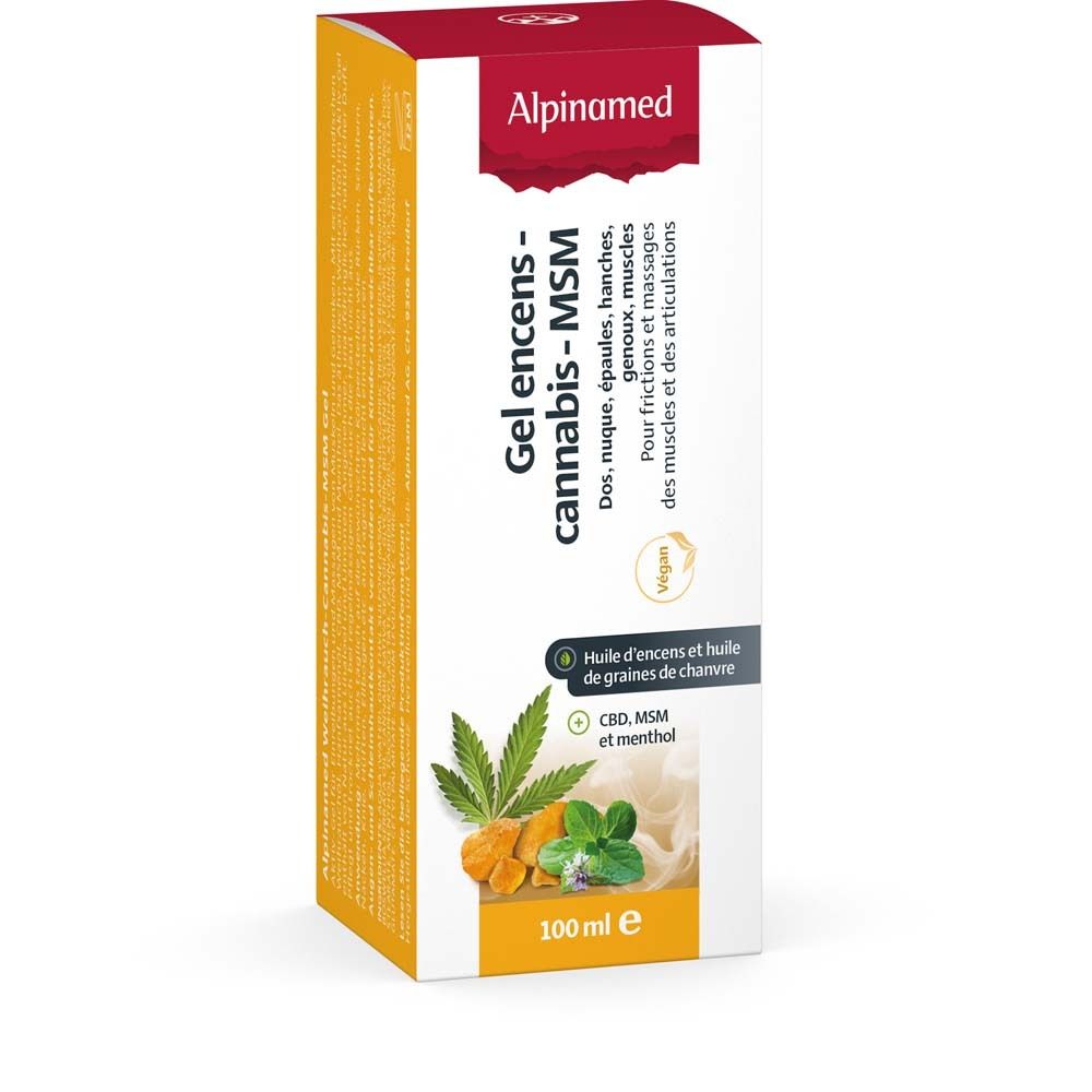 Alpinamed Gel encens-cannabis-MSM. Boîte avec image, texte et logo. 100 ml.