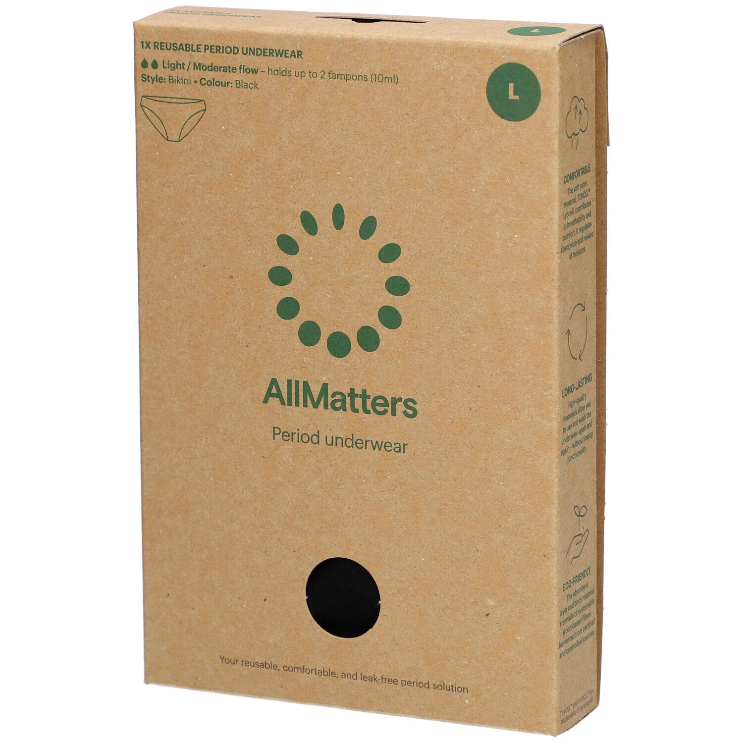Kartonverpackung der ALLMATTERS Periodenunterwäsche L. Aufdruck: Logo, Produktname, Größe, Beschreibung. Sichtfenster für Produktansicht.