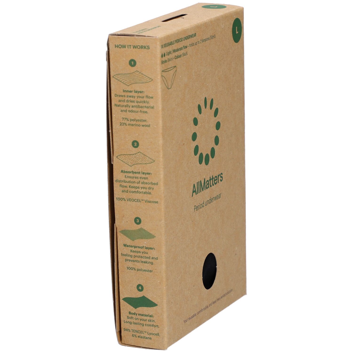 Kartonverpackung der ALLMATTERS Periodenunterwäsche L. Seitenansicht mit Produktinformationen. Schichten, Materialzusammensetzung, Eigenschaften.