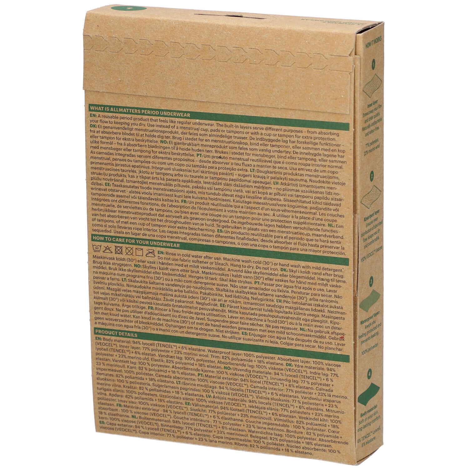Rückseite der ALLMATTERS Periodenunterwäsche L Verpackung. Text mit Informationen zur Verwendung, Pflege und Materialzusammensetzung.