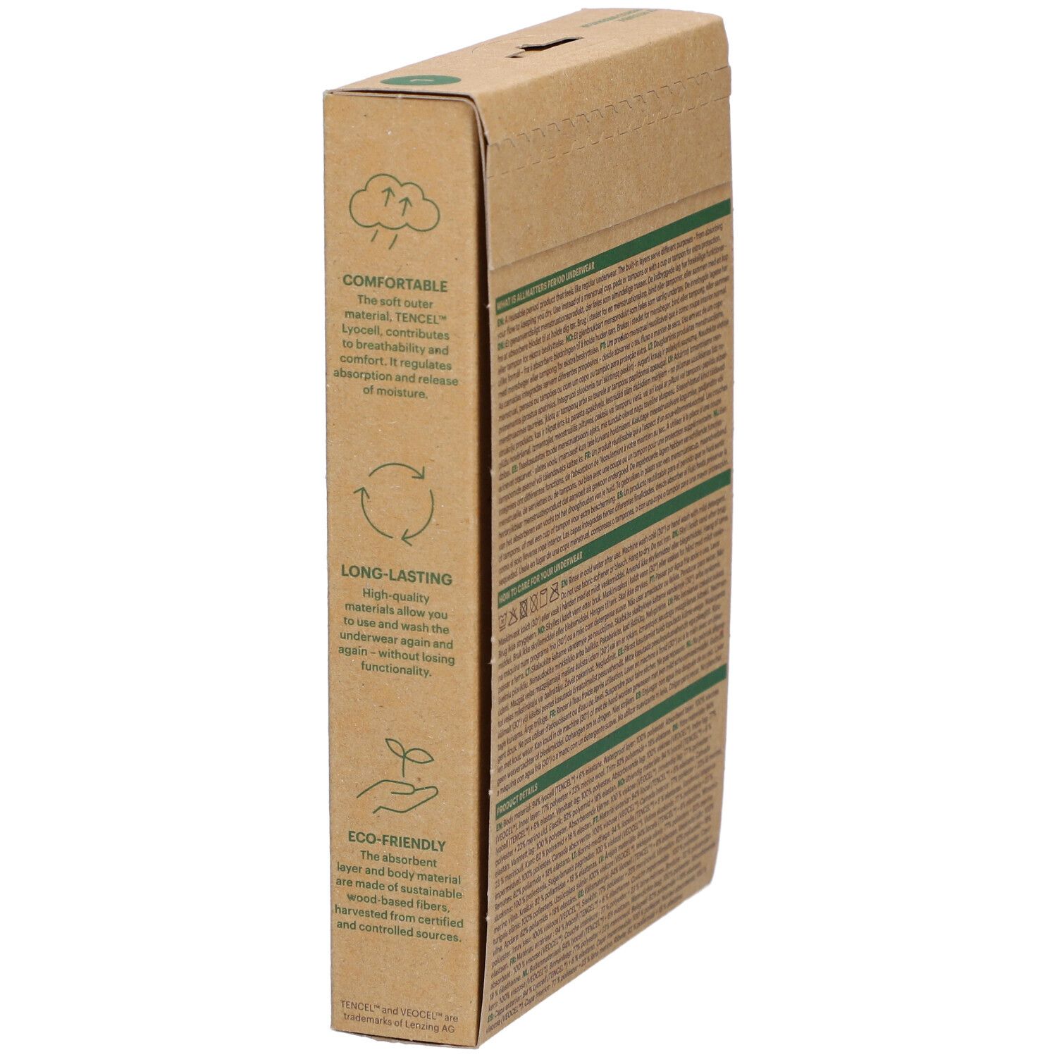 Seite der ALLMATTERS Periodenunterwäsche L Verpackung. Text über Komfort, Langlebigkeit und Umweltfreundlichkeit des Produkts.