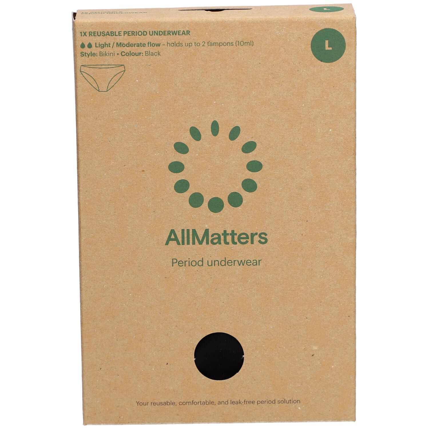 Kartonverpackung der ALLMATTERS Periodenunterwäsche L. Vorderansicht. Logo, Produktname, Größe, Beschreibung. Sichtfenster.