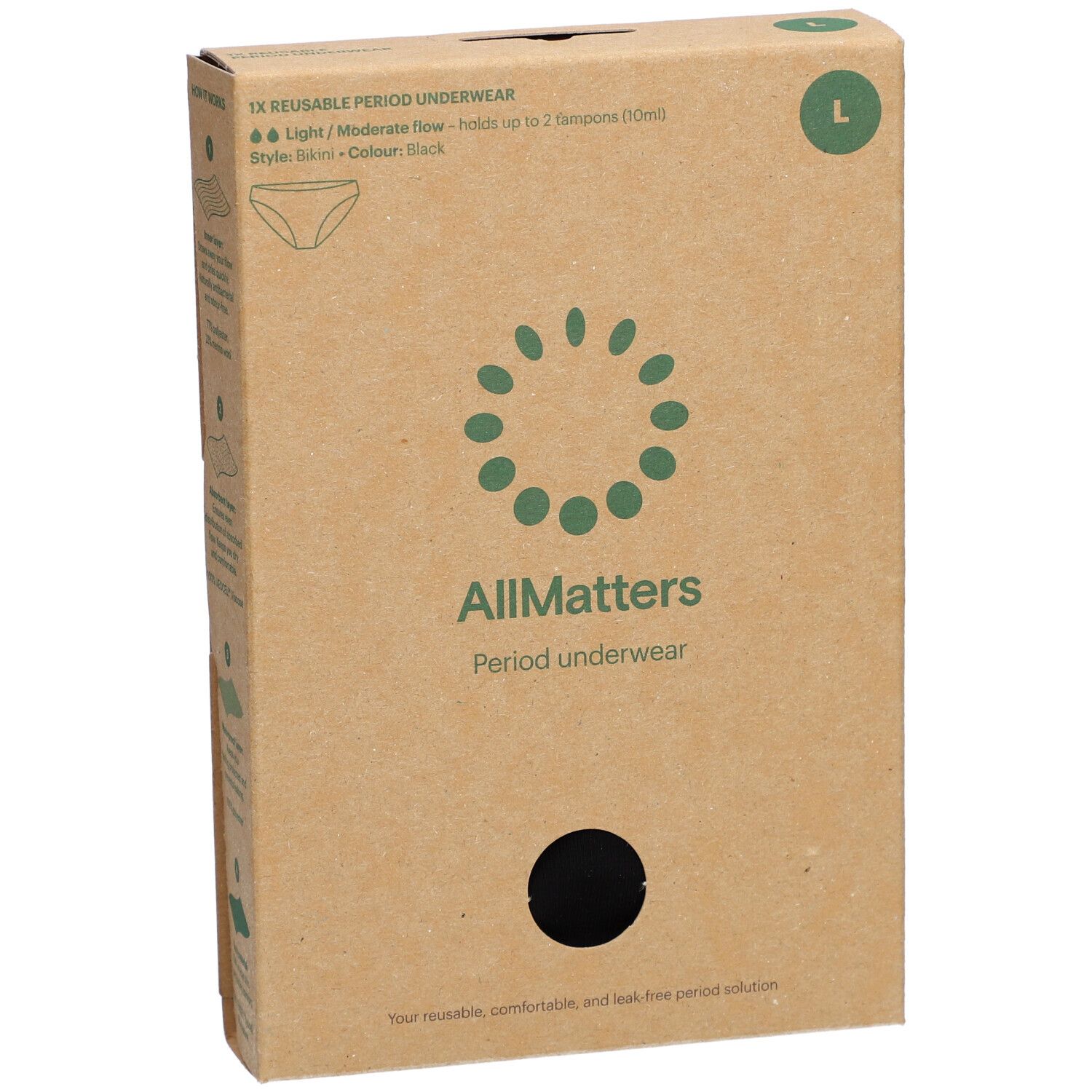 Kartonverpackung der ALLMATTERS Periodenunterwäsche L. Vorderansicht. Logo, Produktname, Größe, Beschreibung. Sichtfenster.