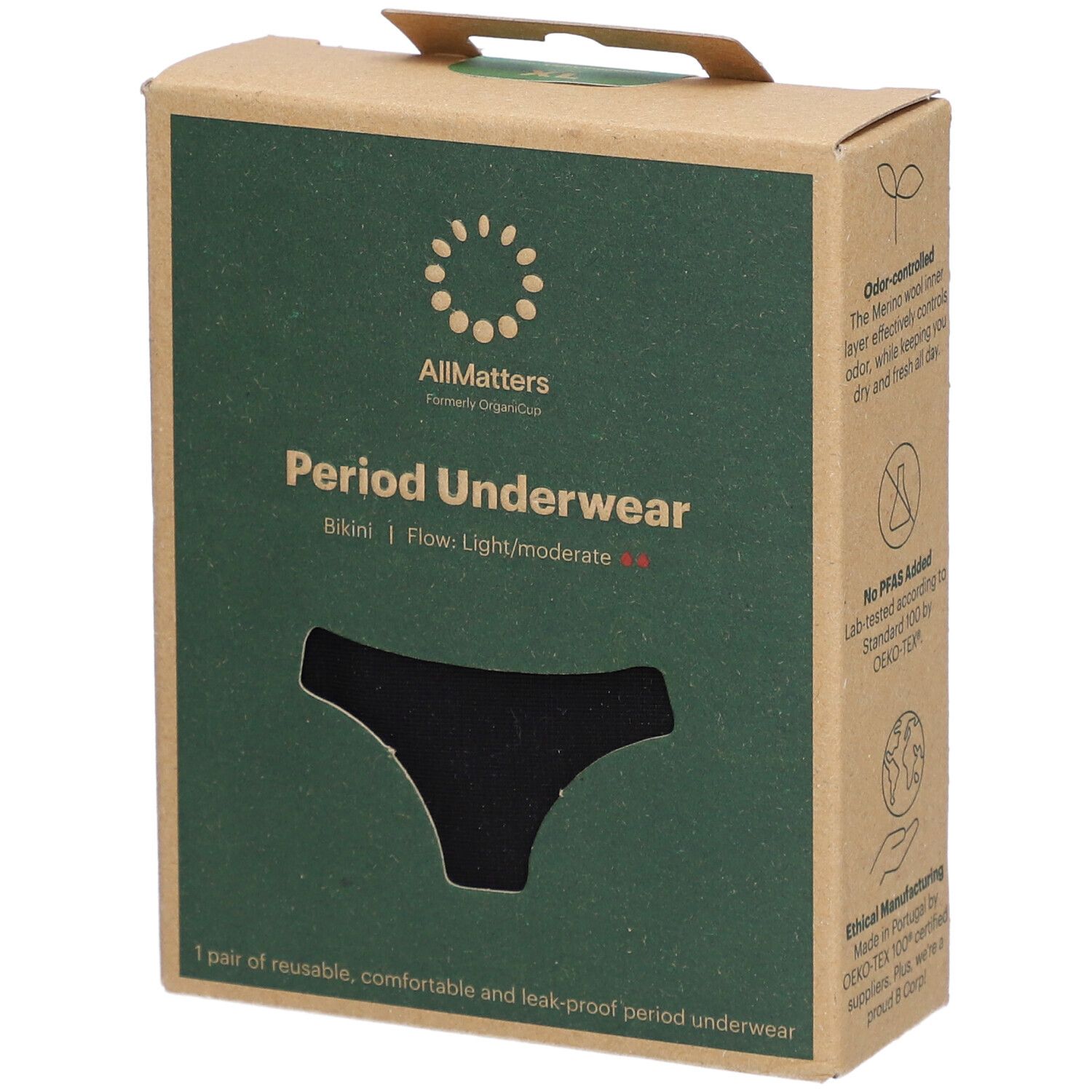Karton mit schwarzem Periodenslip. Marke: Allmatters. Text: Periodenunterwäsche, Bikini, Flow: Light/Moderate. Sichtfenster.