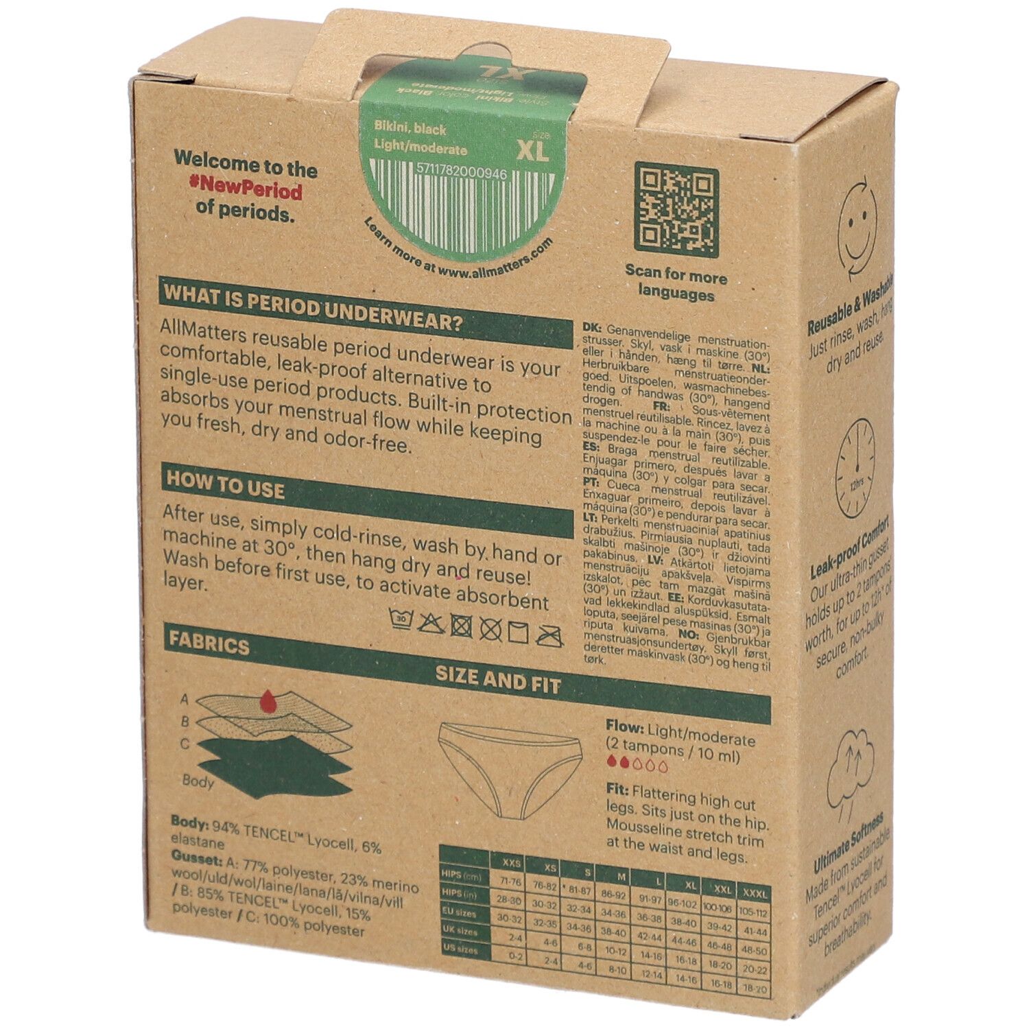 Rückseite der Kartonverpackung. Text: Periodenunterwäsche, Stoffe, Größe und Passform, Was ist Periodenunterwäsche? QR-Code.