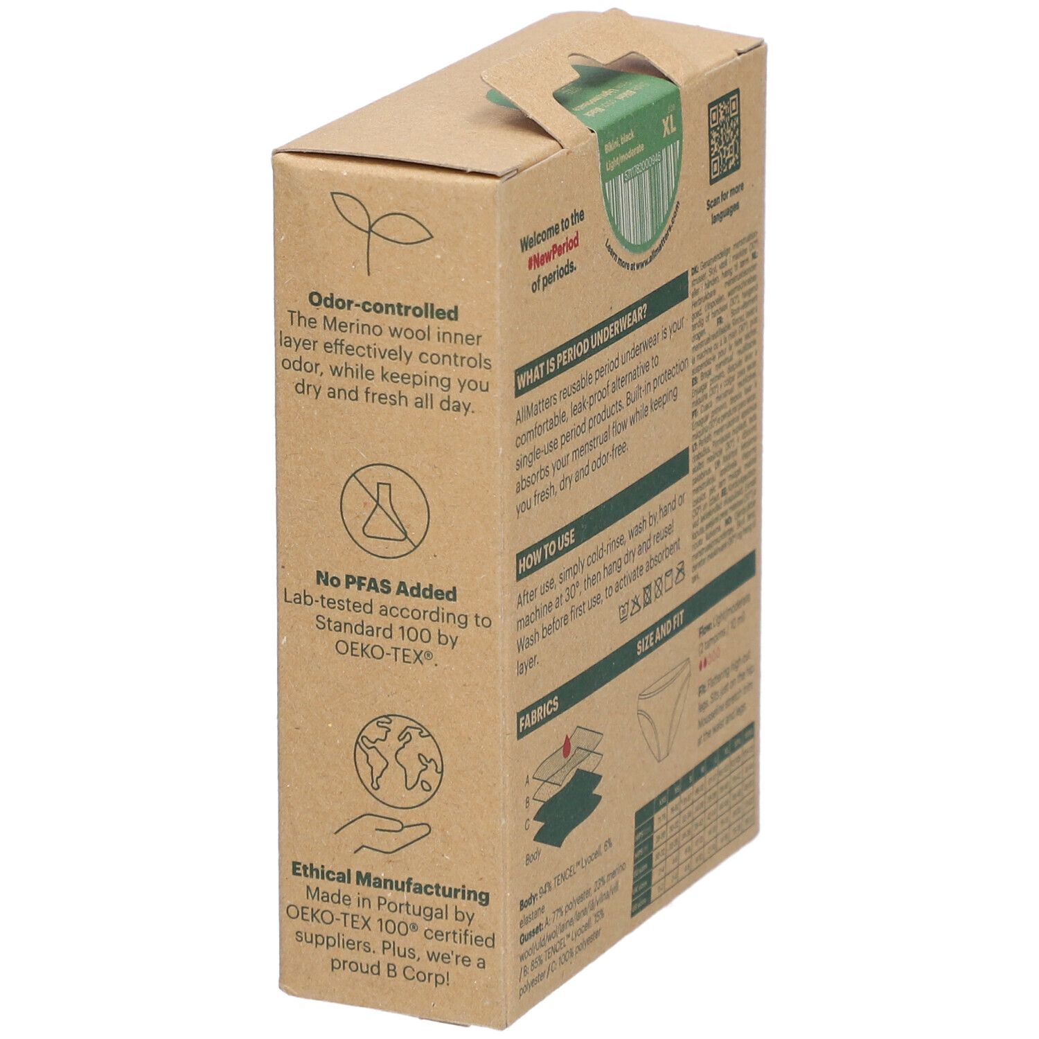Kartonverpackung. Text: Geruchsneutral, kein PFAS, ethische Herstellung. Zertifizierung: OEKO-TEX. Marke: Allmatters.