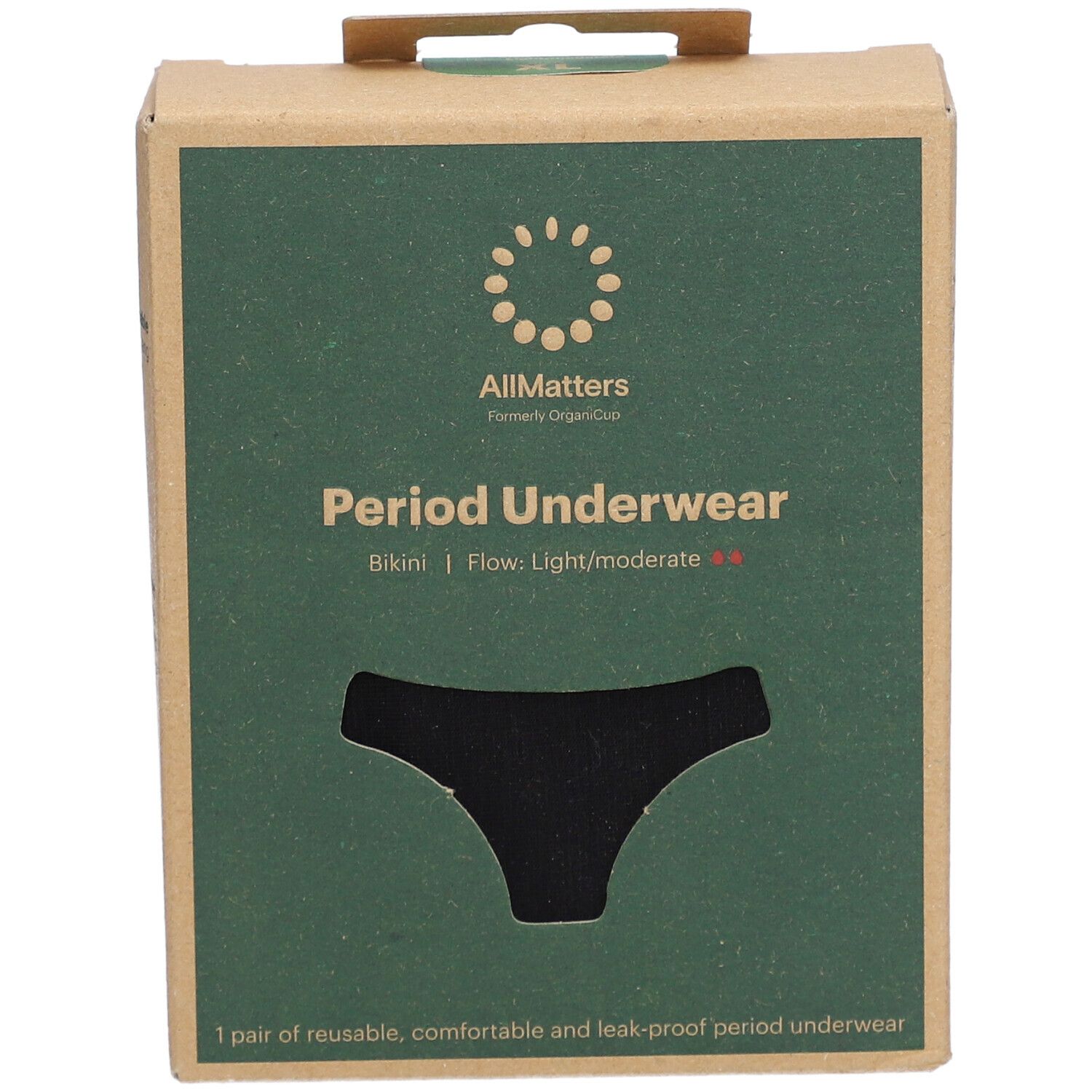 Karton mit schwarzem Periodenslip. Marke: Allmatters. Text: Periodenunterwäsche, Bikini, Flow: Light/Moderate. Sichtfenster.
