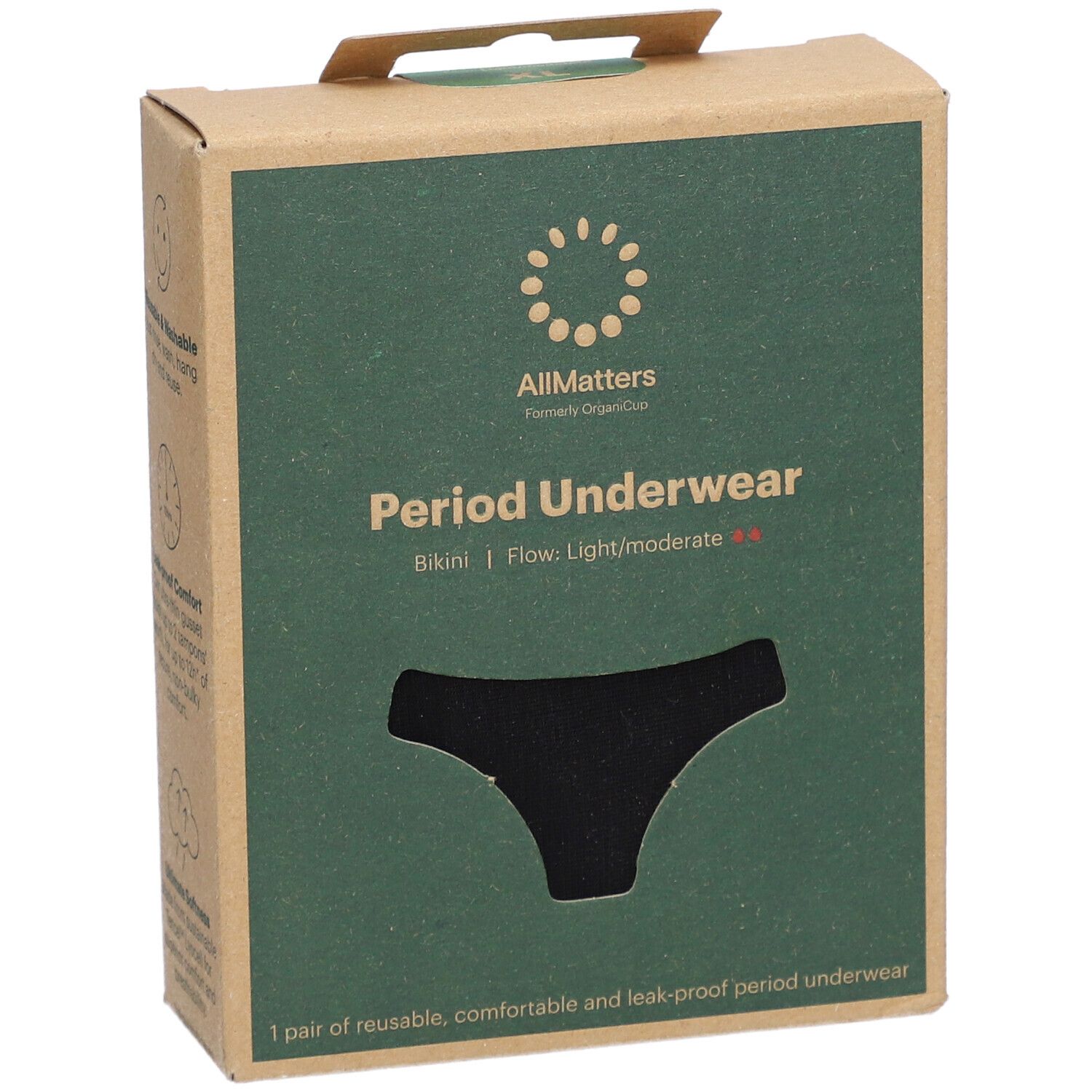 Karton mit schwarzem Periodenslip. Marke: Allmatters. Text: Periodenunterwäsche, Bikini, Flow: Light/Moderate. Sichtfenster.