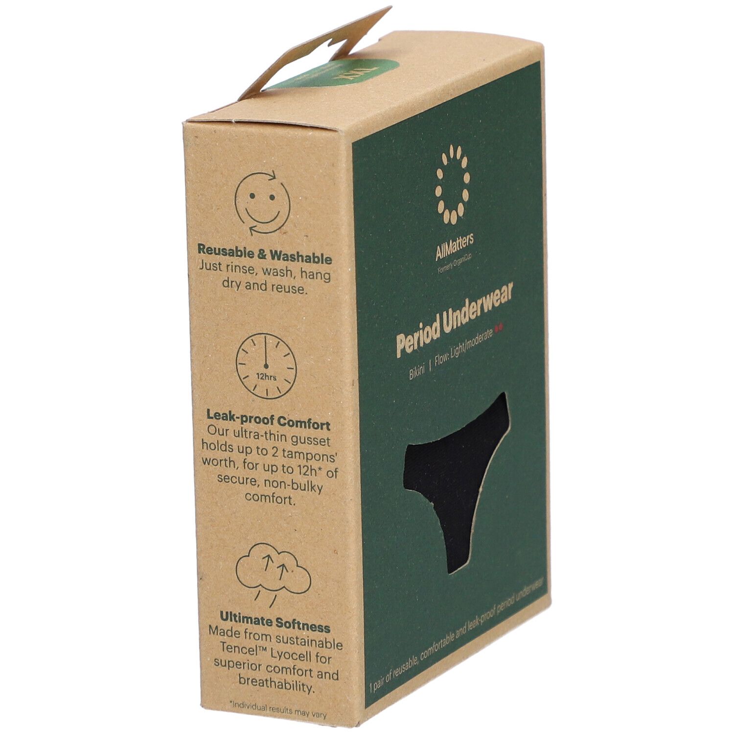 Kartonverpackung mit schwarzem Bikini-Slip. Text: Allmatters, Period Underwear, Bikini, Flow: Light/moderate. Wiederverwendbar, waschbar, 12h Schutz.