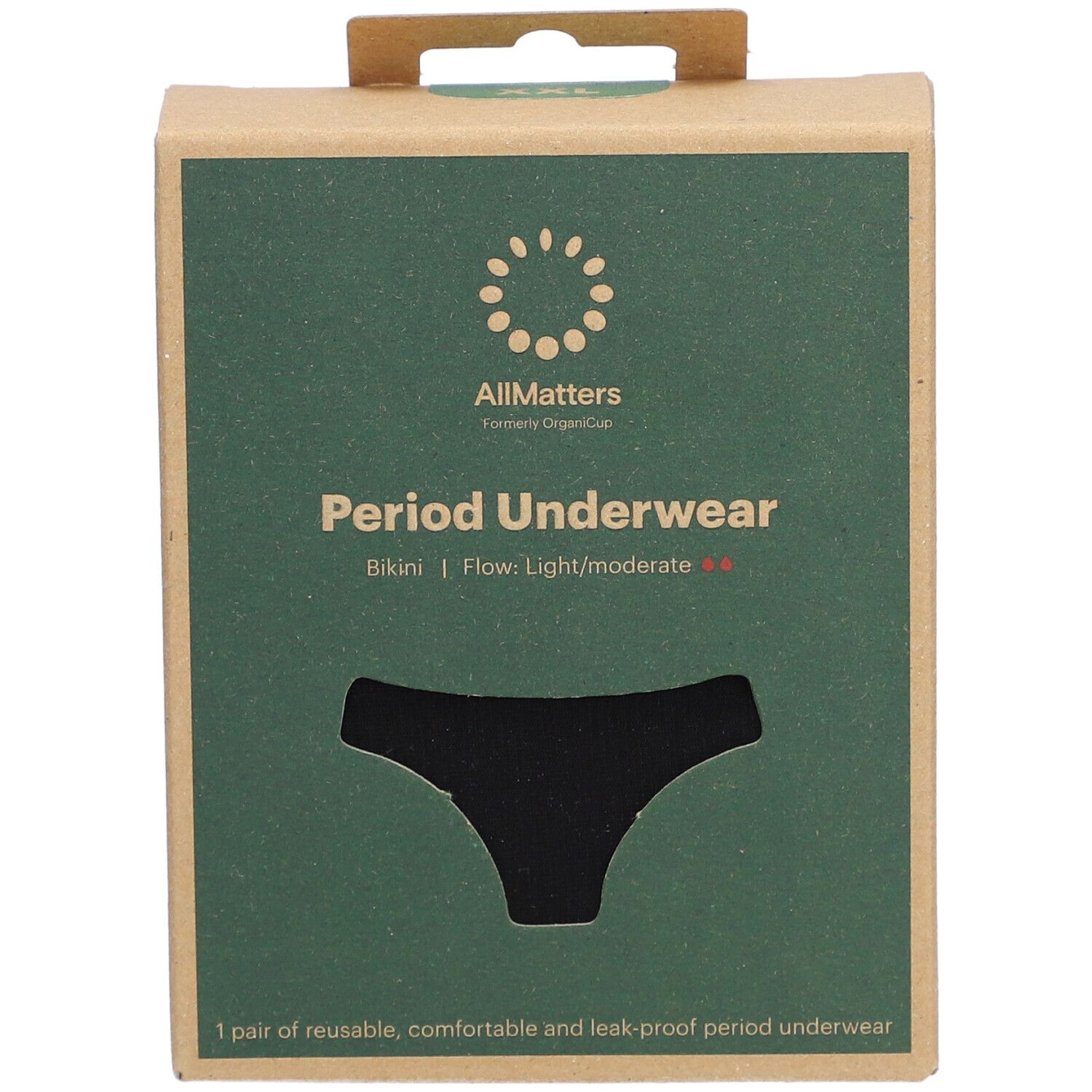 Kartonverpackung mit schwarzem Bikini-Slip. Text: Allmatters, Period Underwear, Bikini, Flow: Light/moderate. 1 Paar wiederverwendbare Periodenunterwäsche.