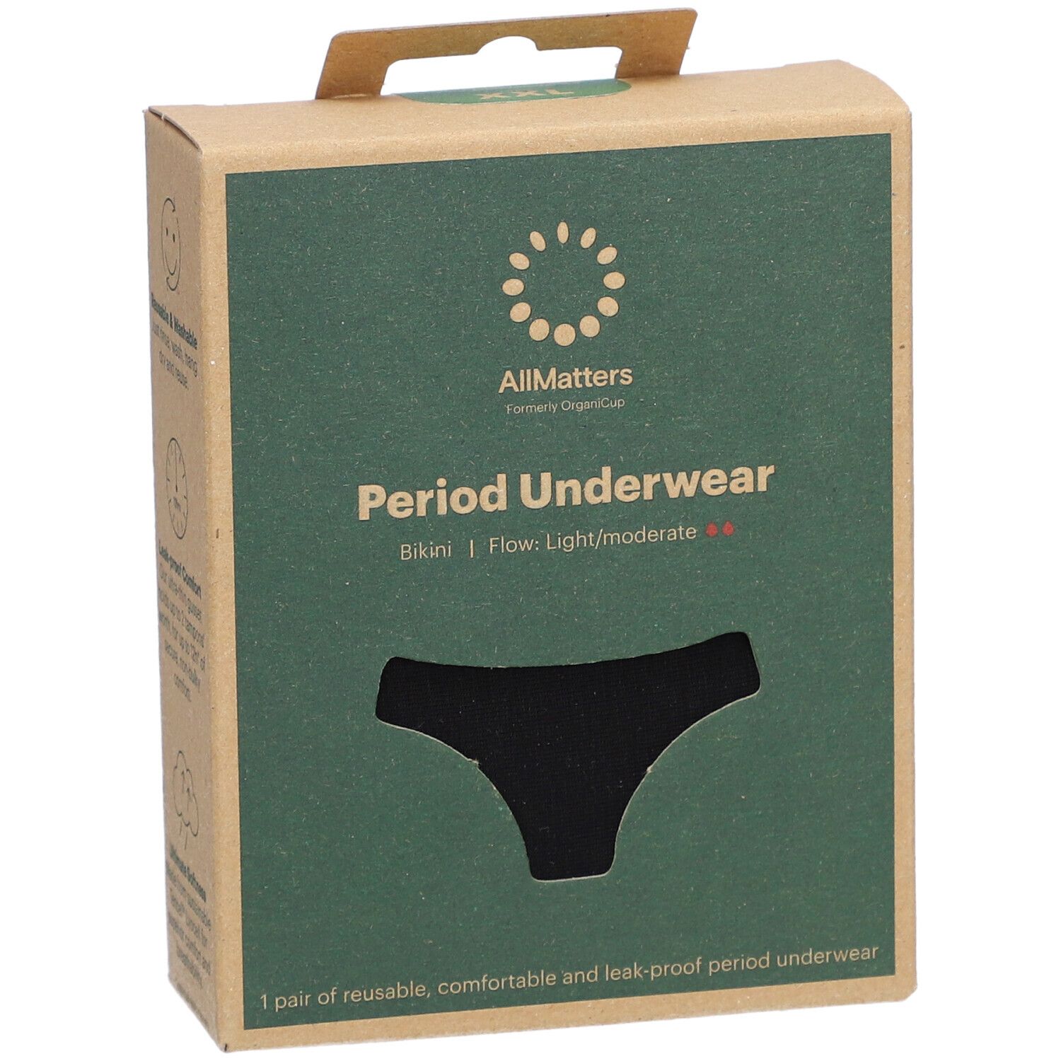 Kartonverpackung mit schwarzem Bikini-Slip. Text: Allmatters, Period Underwear, Bikini, Flow: Light/moderate. 1 Paar wiederverwendbare Periodenunterwäsche.