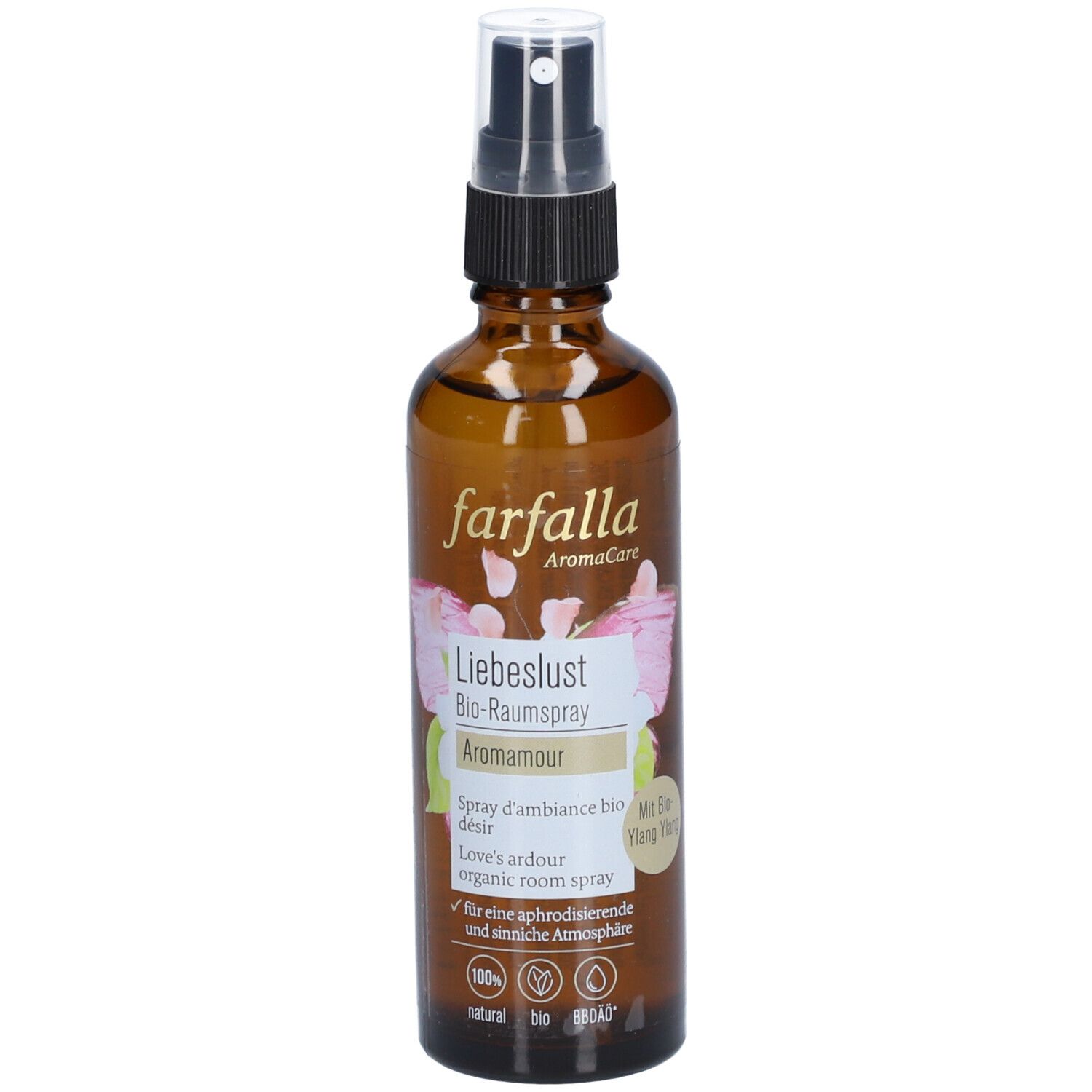 Braune Glasflasche mit Sprühkopf. Aufschrift: farfalla, Liebeslust Bio-Raumspray, Aromamour. Mit Bio-Siegel.