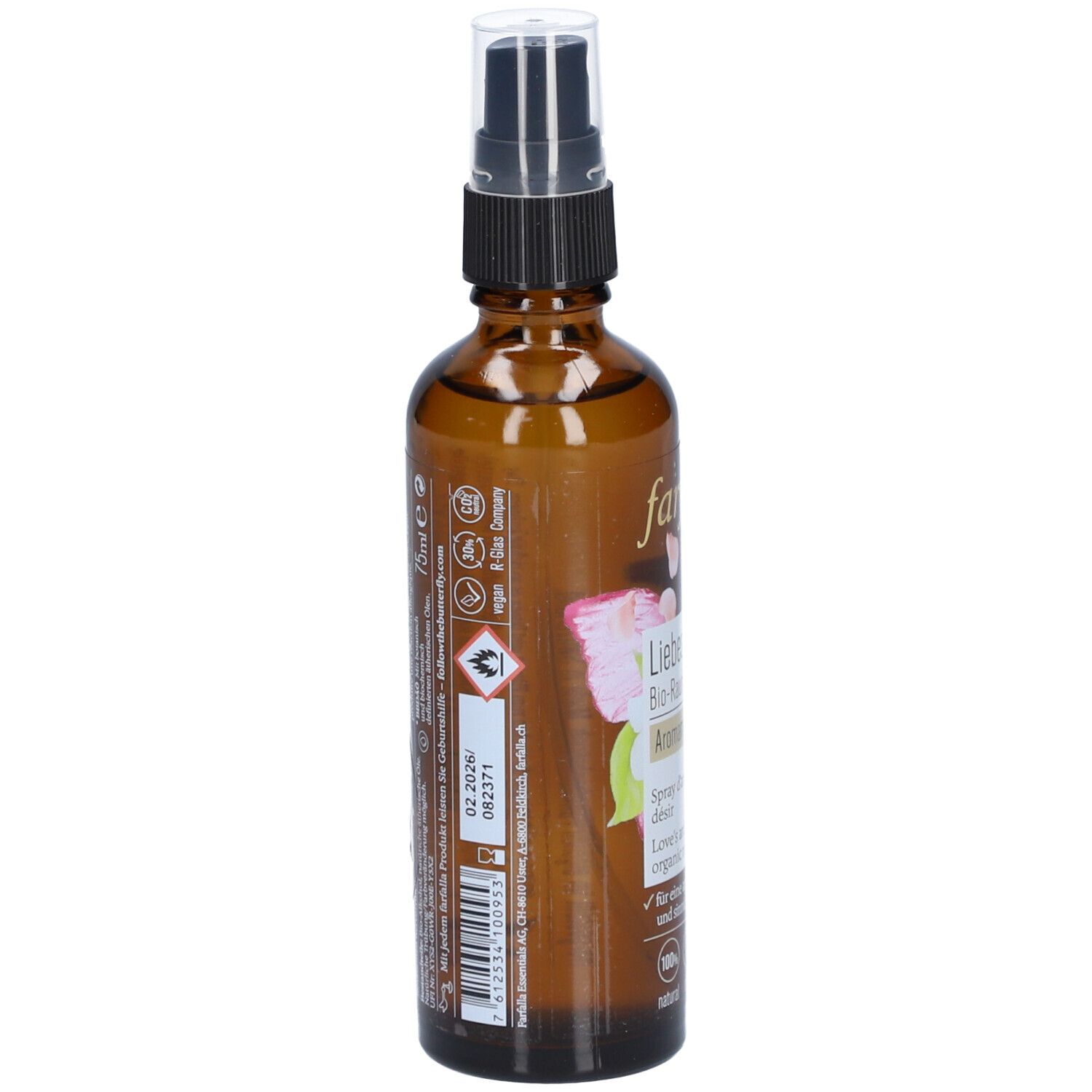 Braune Glasflasche mit Etikett. Aufschrift: farfalla, Liebeslust Bio-Raumspray. Mit Warnhinweisen und Chargennummer.