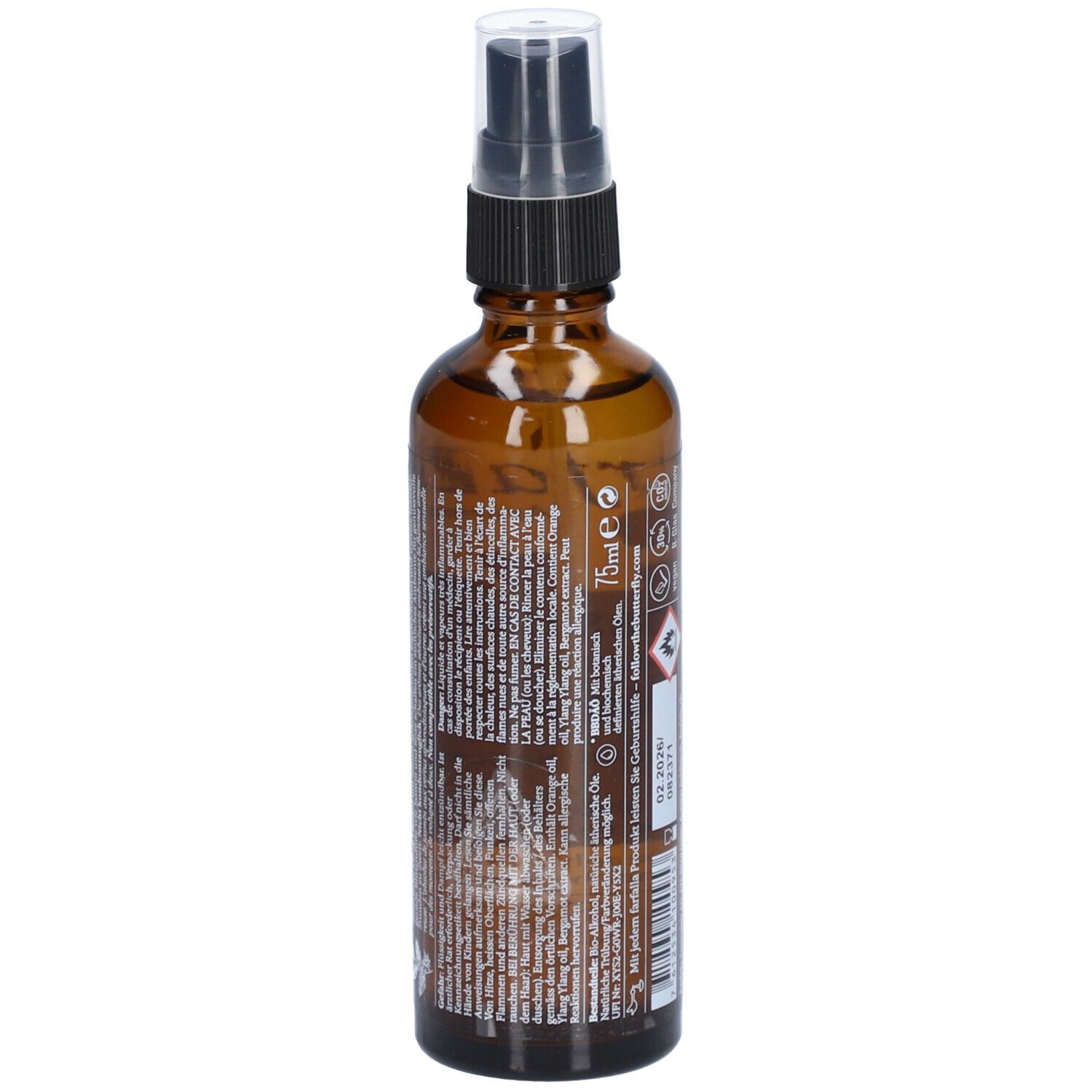 Braune Glasflasche mit Etikett. Aufschrift: farfalla, Liebeslust Bio-Raumspray. Mit Text und Chargennummer.