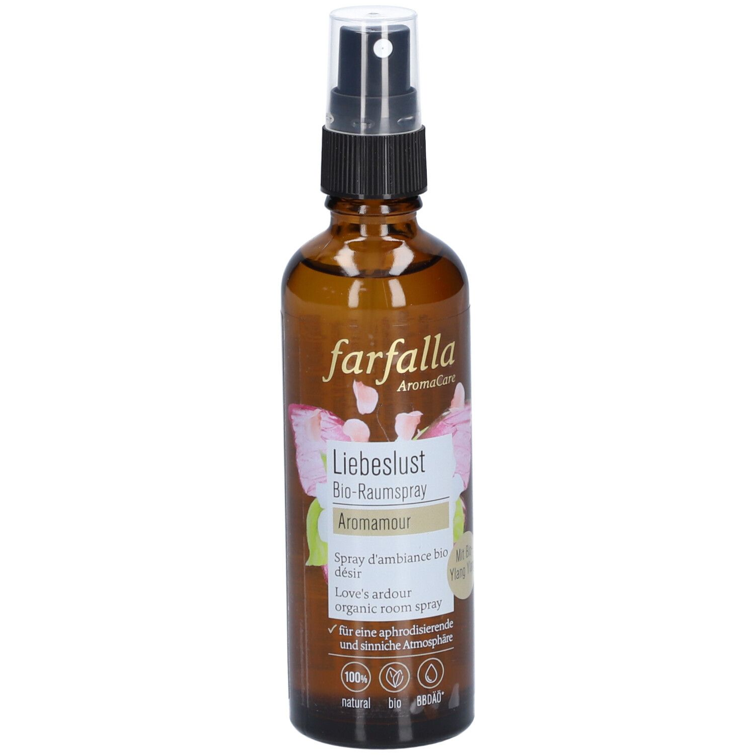 Braune Glasflasche mit Sprühkopf. Aufschrift: farfalla, Liebeslust Bio-Raumspray, Aromamour. Mit Bio-Siegel.