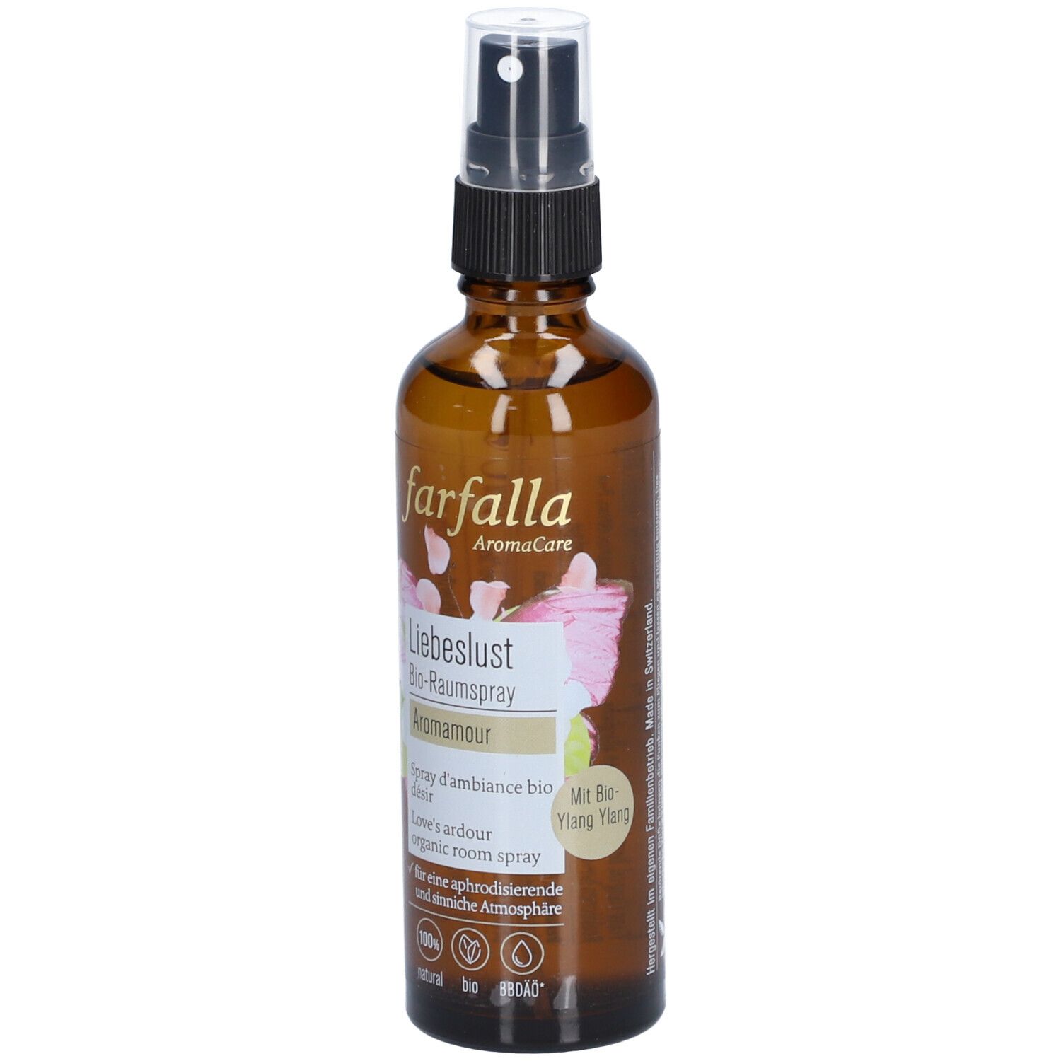 Braune Glasflasche mit Sprühkopf. Aufschrift: farfalla, Liebeslust Bio-Raumspray, Aromamour. Mit Bio-Siegel und Inhaltsstoffen.
