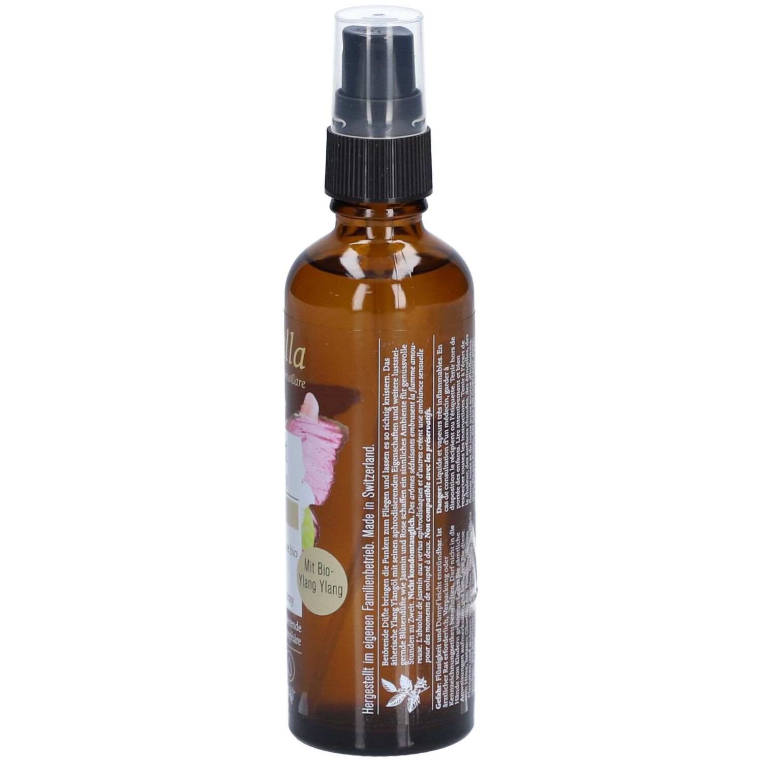Braune Glasflasche mit Etikett. Aufschrift: farfalla, Liebeslust Bio-Raumspray. Mit Text, Herkunftsland und Chargennummer.