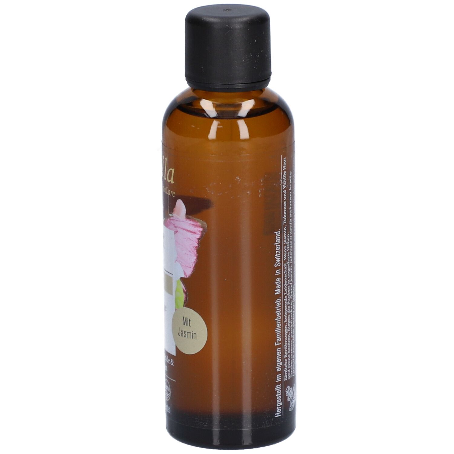 Braune Glasflasche mit schwarzem Deckel. Etikett mit Produktnamen, Blüten und Logo.