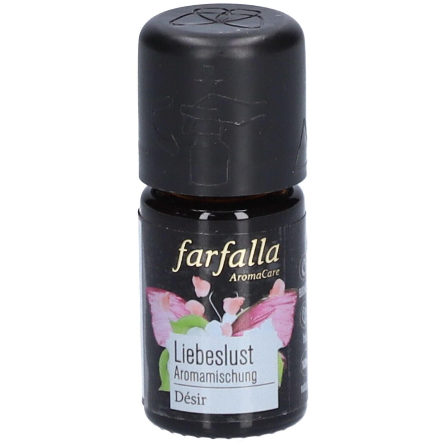 Flacon en verre brun avec bouchon noir. Inscription : farfalla Aromacare, Liebeslust Aromamischung, Désir.