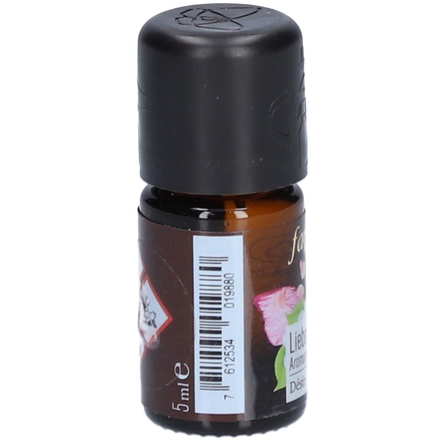 Flacon en verre brun avec bouchon noir. Inscription : farfalla, 5 ml. Code-barres et symboles de danger.