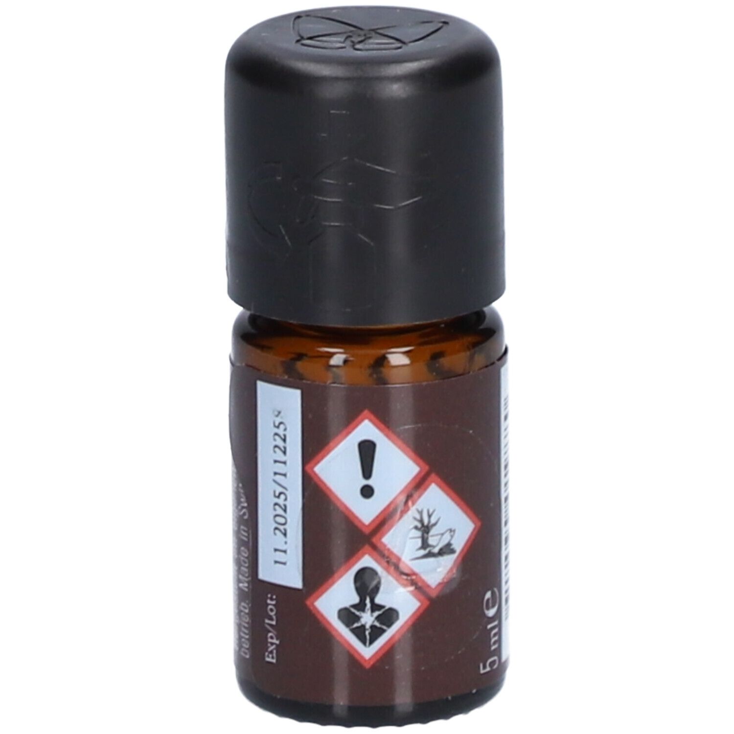 Flacon en verre brun avec bouchon noir. Symboles de danger et inscription : 5 ml, Exp/Lot : 11.2025/11225.