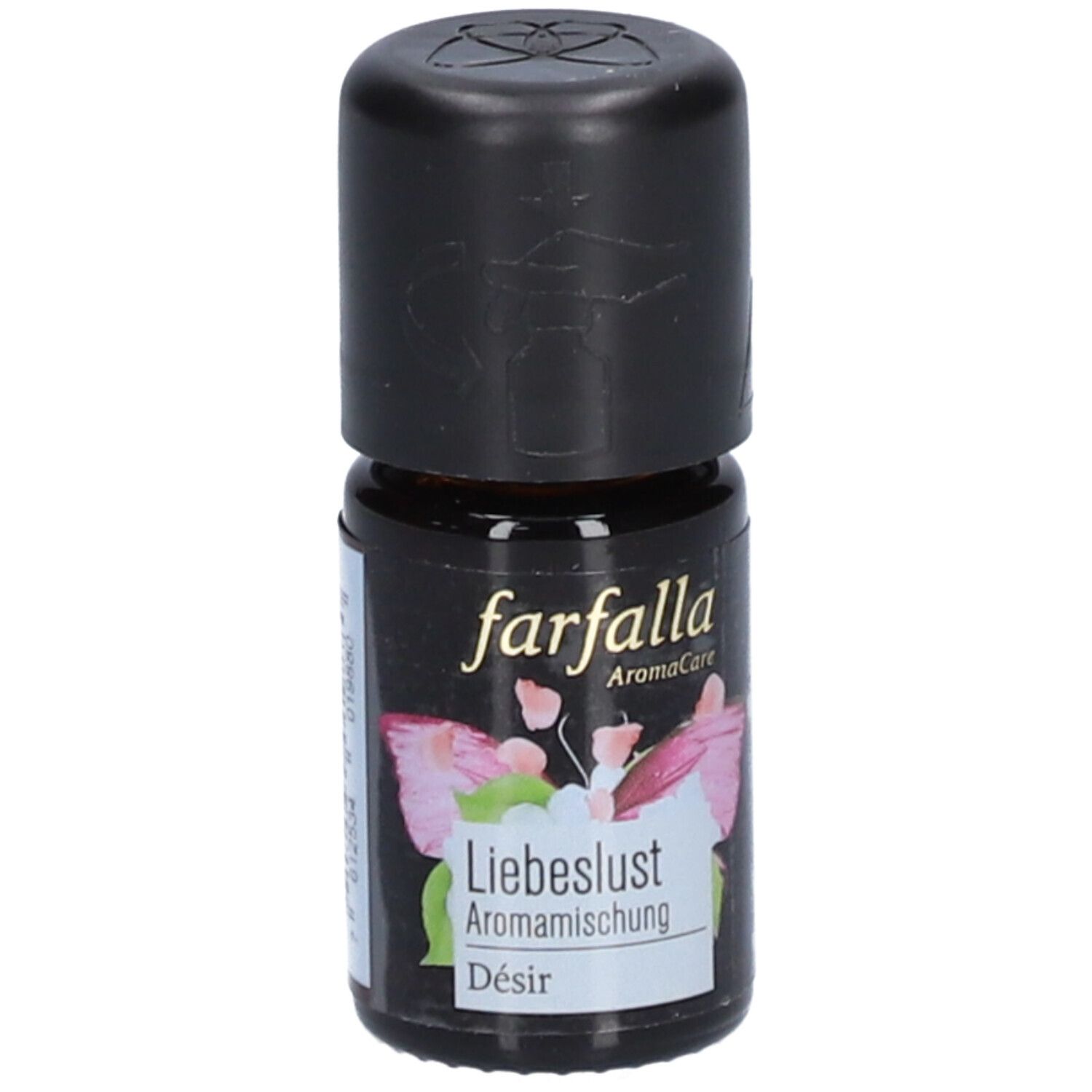 Flacon en verre brun avec bouchon noir. Inscription : farfalla Aromacare, Liebeslust Aromamischung, Désir.