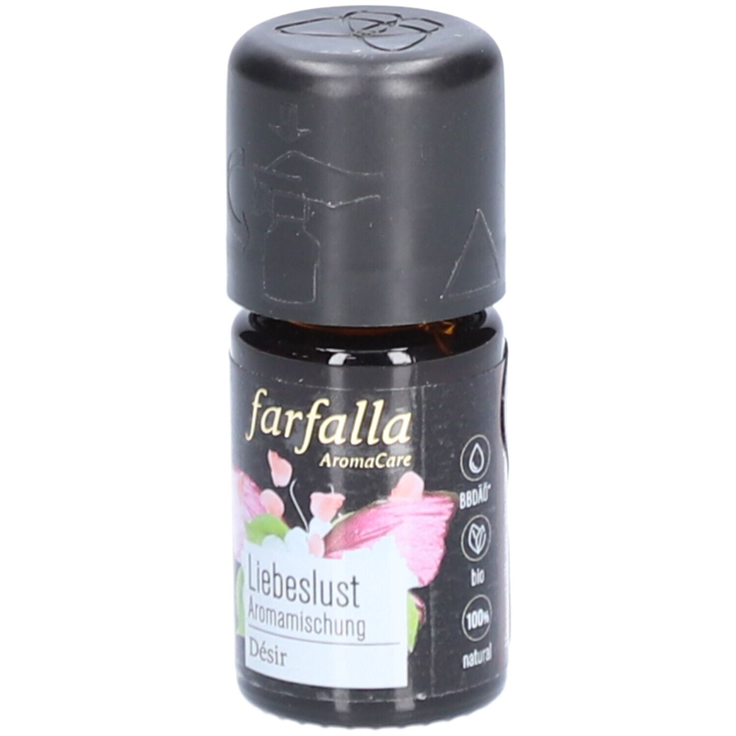 Flacon en verre brun avec bouchon noir. Inscription : farfalla Aromacare, Liebeslust Aromamischung, Désir. Label bio.