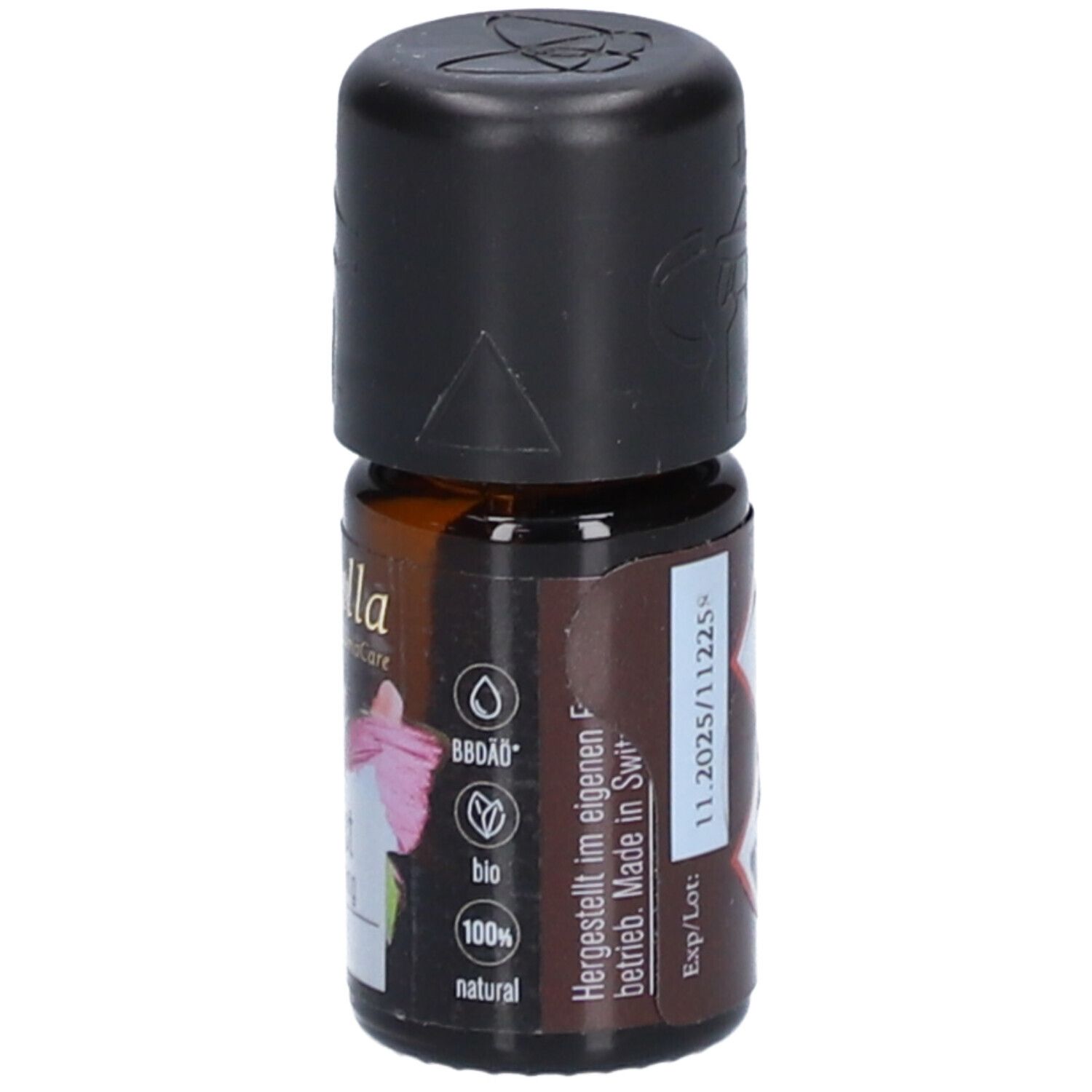 Flacon en verre brun avec bouchon noir. Inscription : farfalla, label bio, 100% naturel. Exp/Lot : 11.2025/11225.