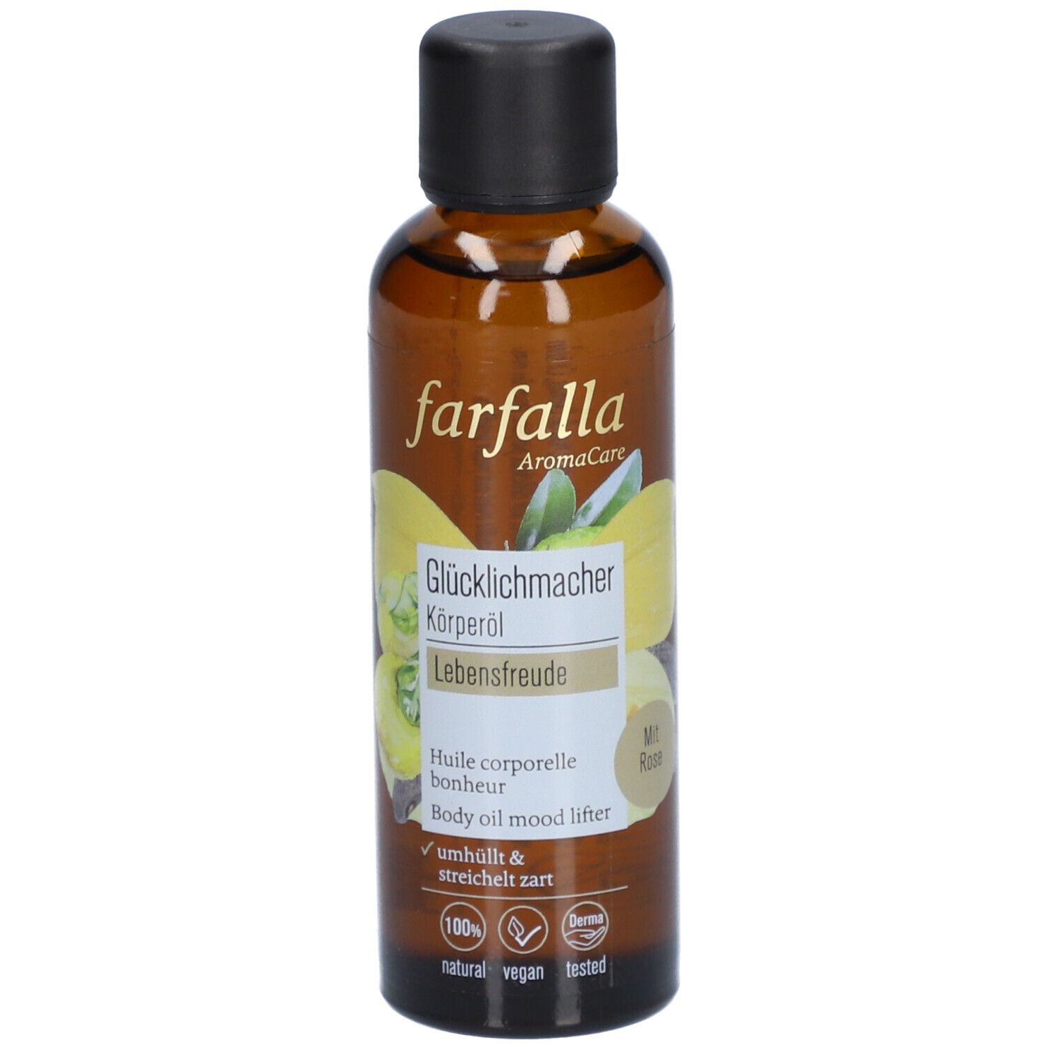 Braune Glasflasche mit schwarzem Deckel. Aufschrift: farfalla AromaCare, Glücklichmacher Körperöl, Lebensfreude. Mit Rose.
