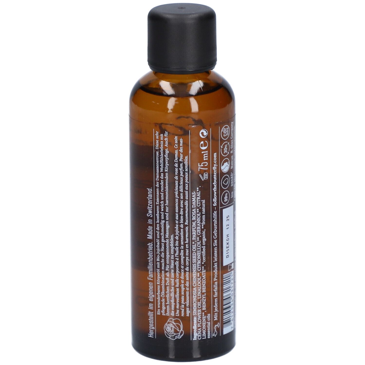 Braune Glasflasche mit schwarzem Deckel. Rückseite mit Text. Hergestellt in der Schweiz. Inhaltsstoffe.