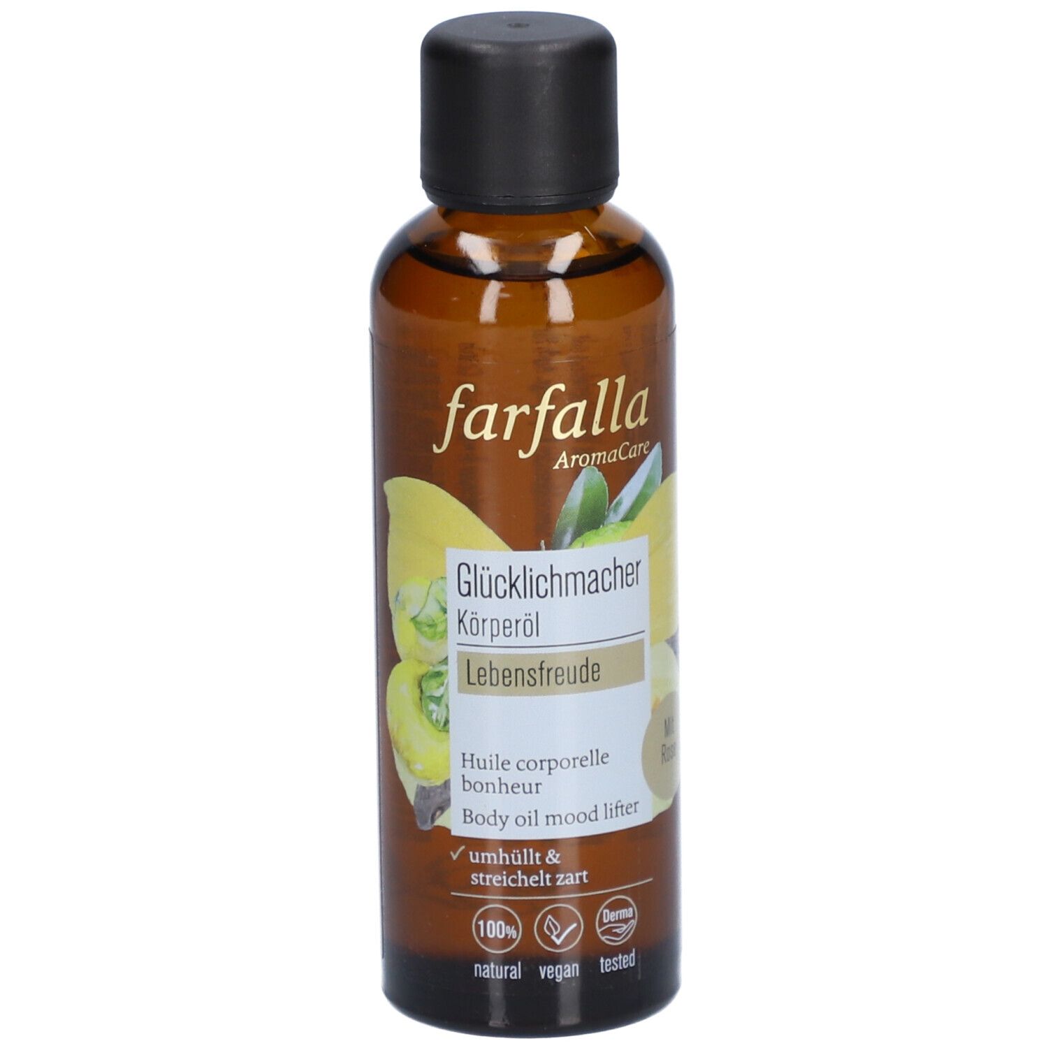 Braune Glasflasche mit schwarzem Deckel. Aufschrift: farfalla AromaCare, Glücklichmacher Körperöl, Lebensfreude.