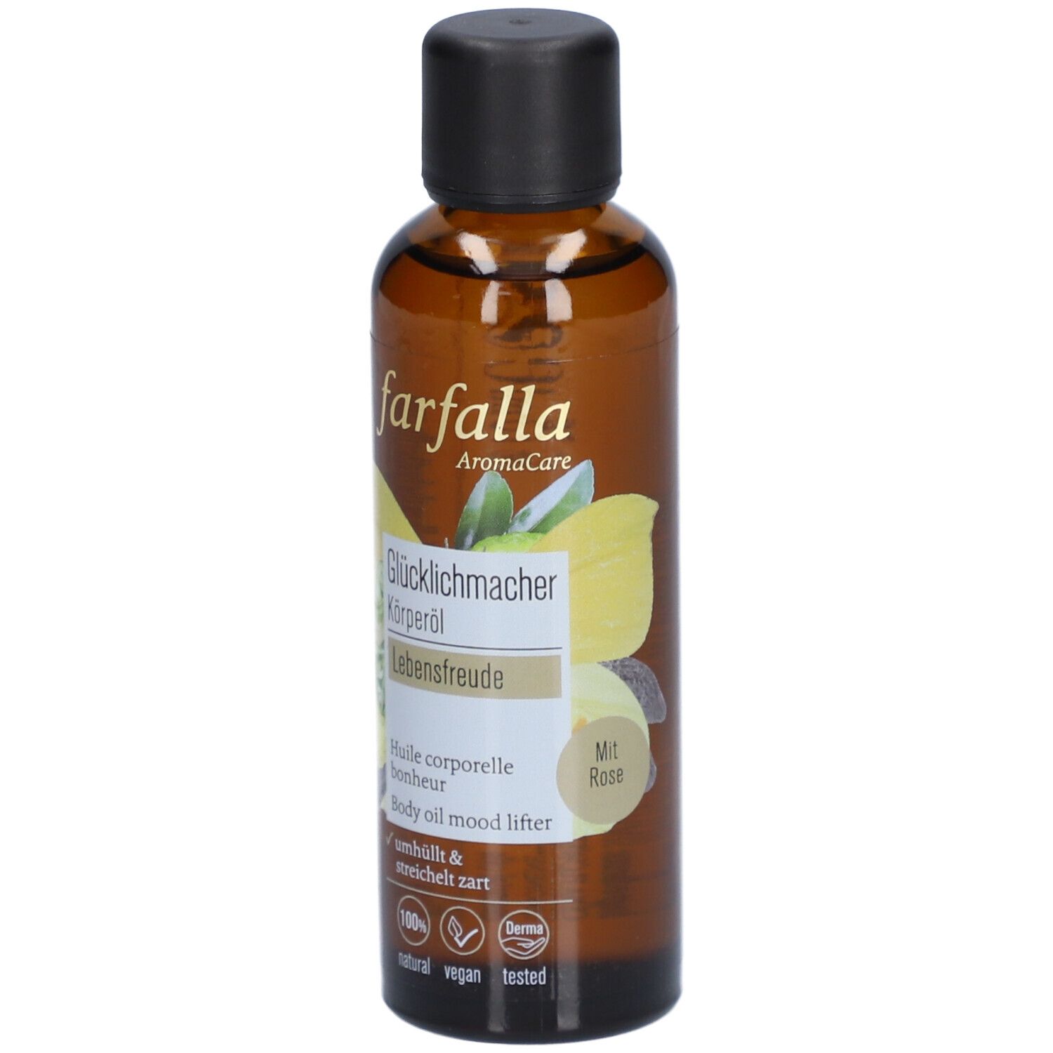 Braune Glasflasche mit schwarzem Deckel. Aufschrift: farfalla AromaCare, Glücklichmacher Körperöl, Lebensfreude. Mit Rose.