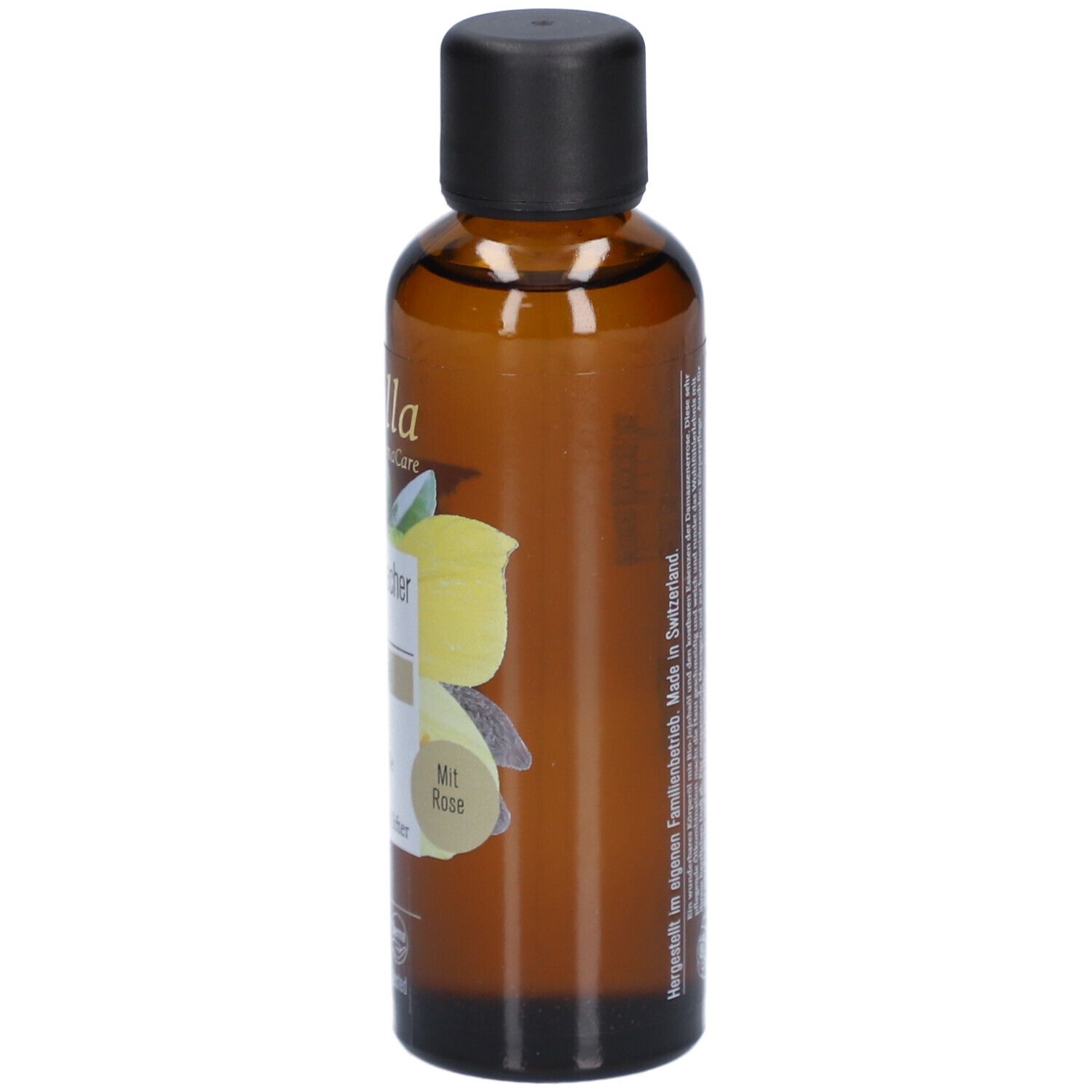 Braune Glasflasche mit schwarzem Deckel. Aufschrift: farfalla AromaCare, Glücklichmacher Körperöl, Lebensfreude. Mit Rose.