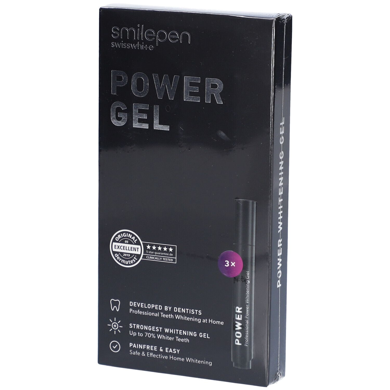 Schwarze Verpackung mit "POWER GEL"-Schriftzug. Enthält eine Abbildung des Produkts und Logos.