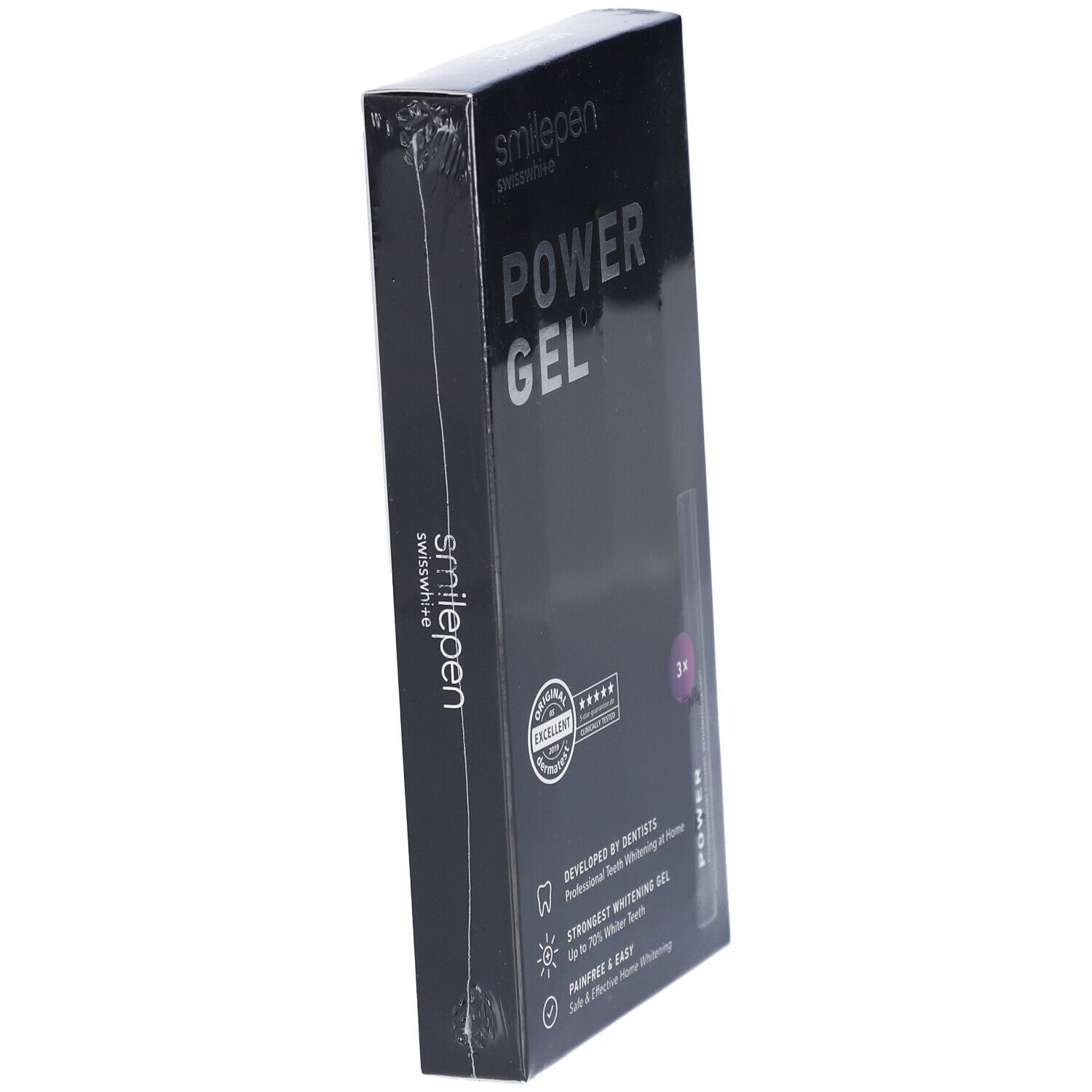 Schwarze Verpackung, schräg. "POWER GEL"-Schriftzug. Produktabbildung und Logos.