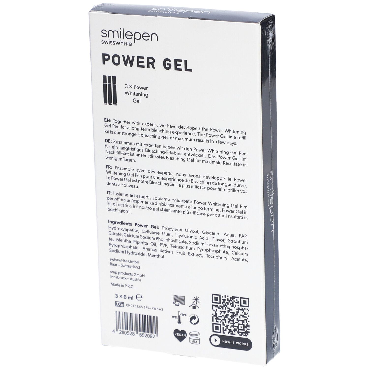 Rückseite der Verpackung. Text in Deutsch, Englisch, Französisch. Inhaltsstoffe und QR-Code.