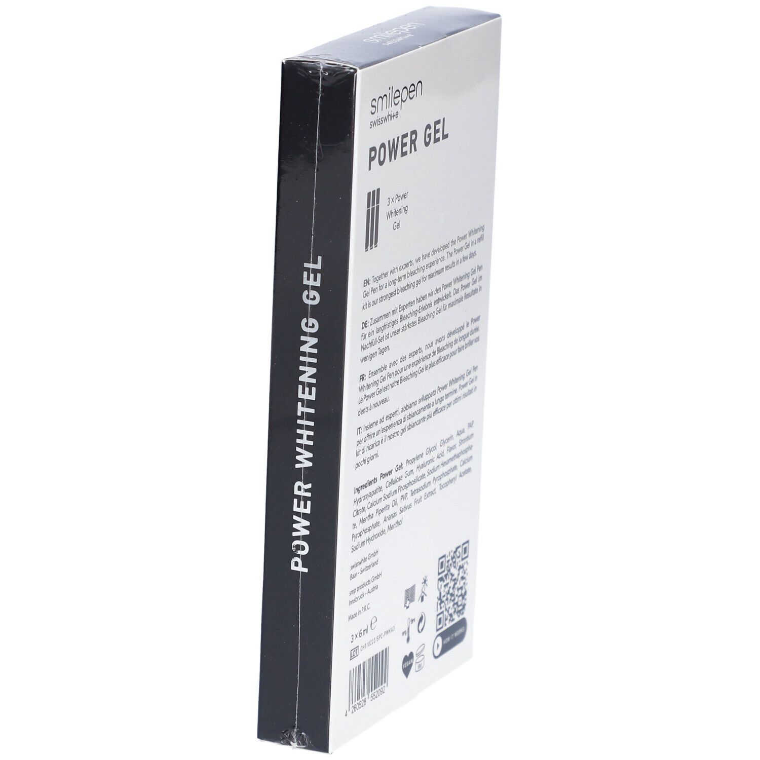 Schräg gestellte Verpackung. Text "POWER WHITENING GEL". Text und QR-Code.