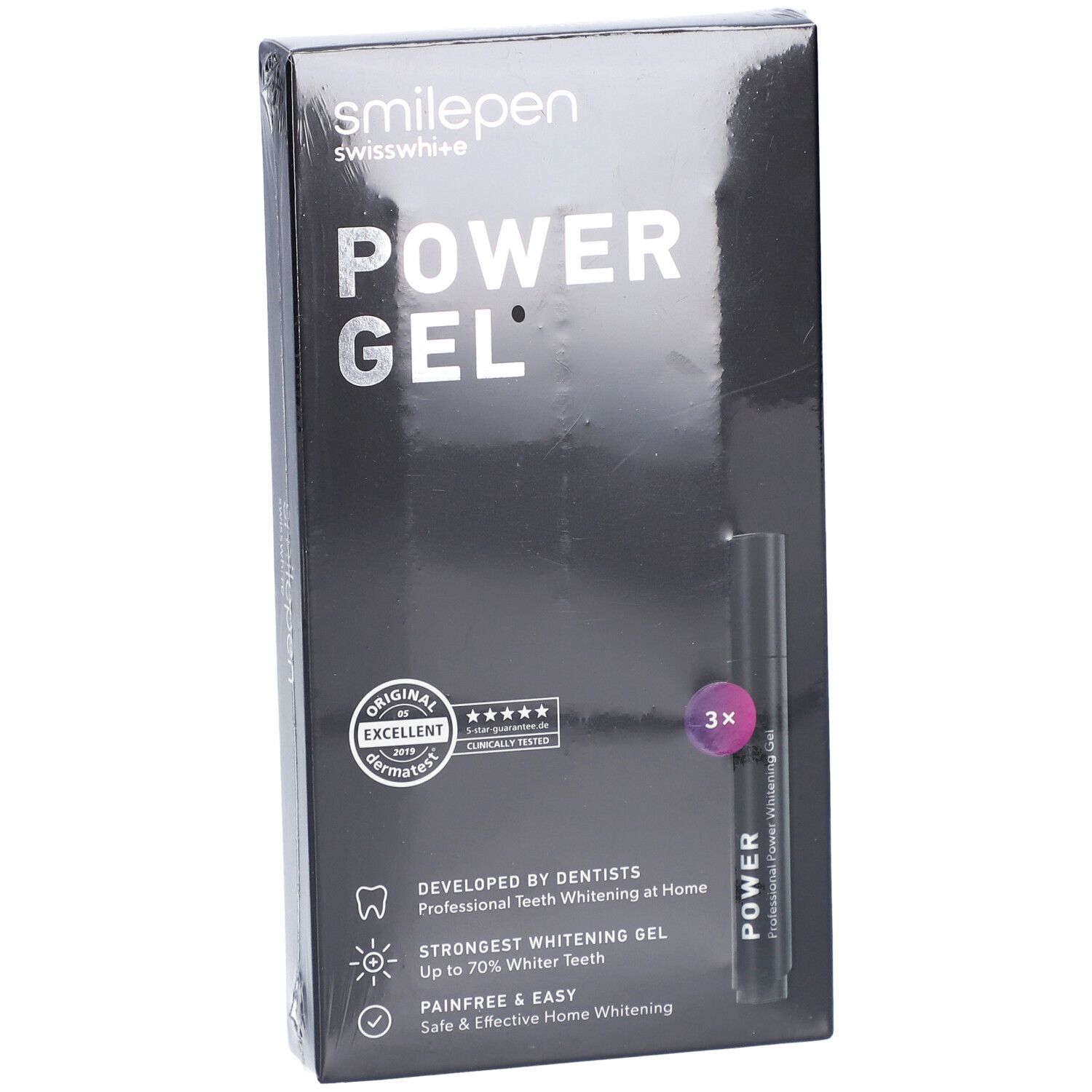 Schwarze Verpackung mit "POWER GEL"-Schriftzug. Produktabbildung und Logos.