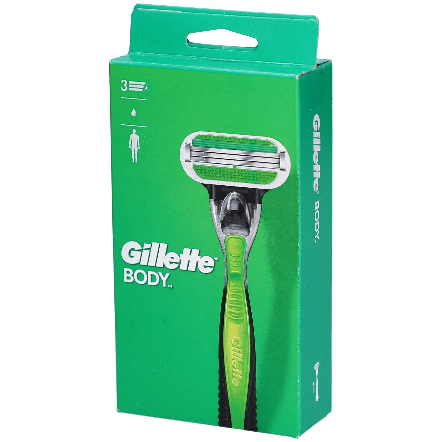Gillette Body Rasierer in grüner Verpackung mit sichtbarem Rasierkopf und Griff.