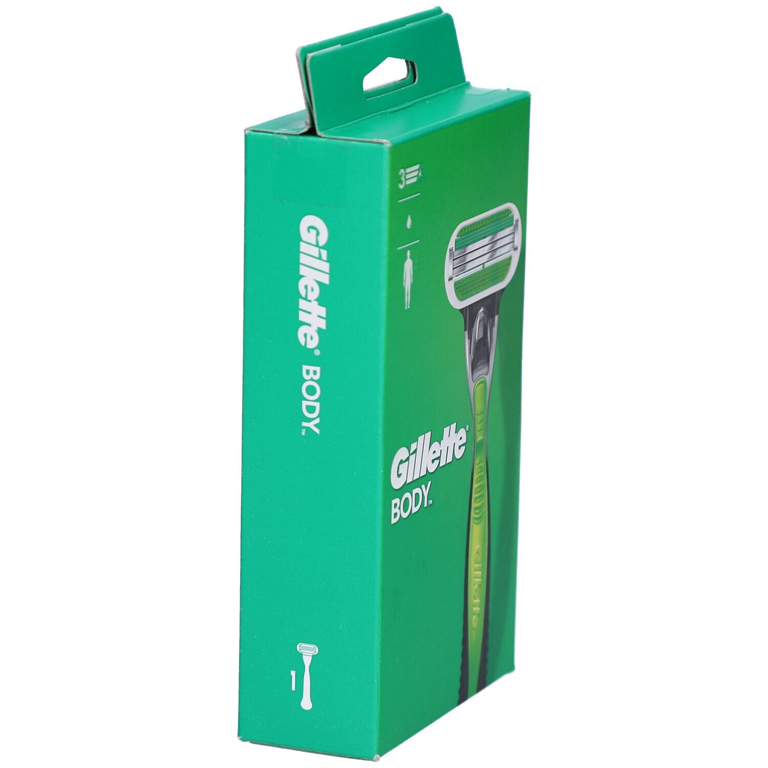 Gillette Body Rasierer in grüner Verpackung mit sichtbarem Griff und Klingenkopf.