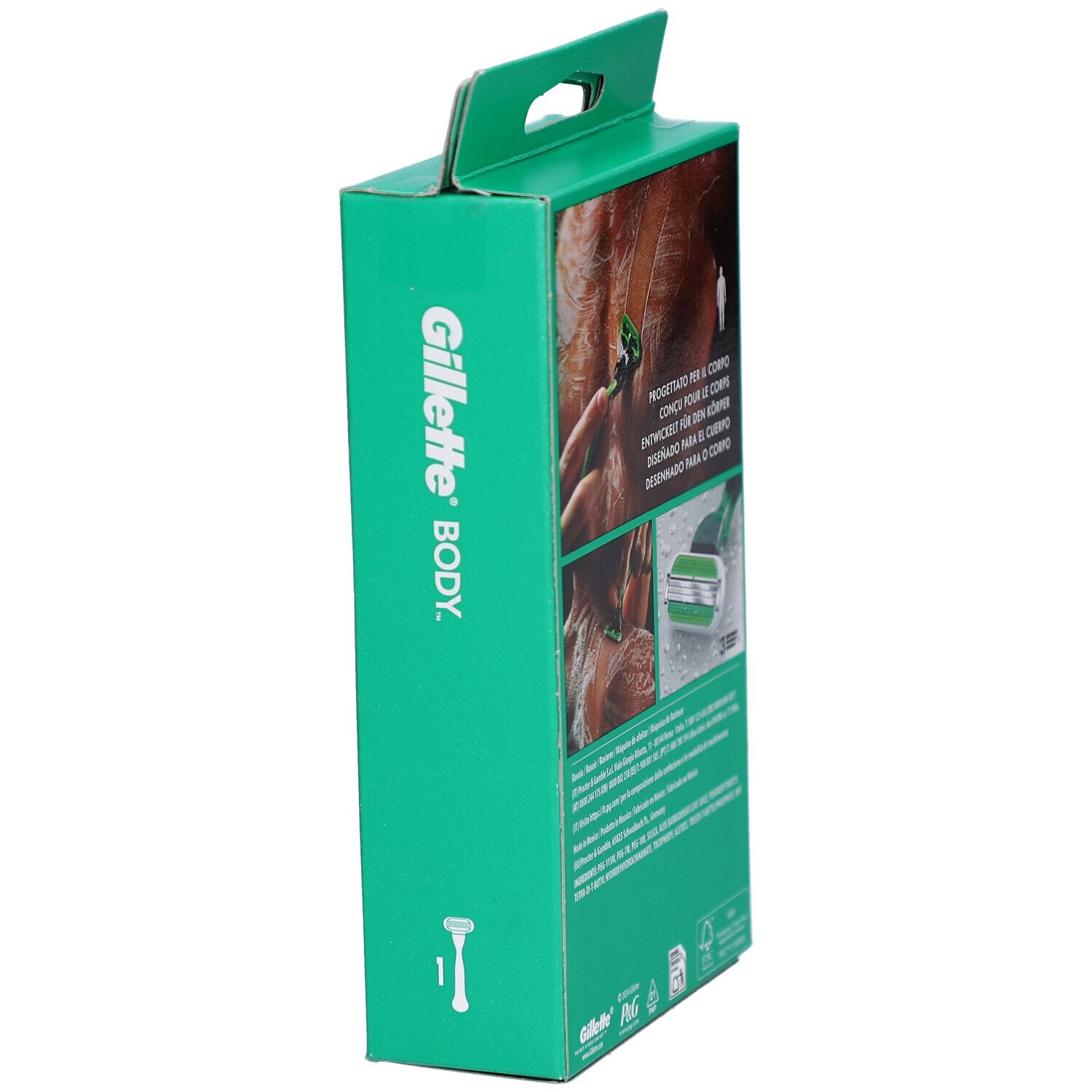 Gillette Body Rasierer Verpackung, grün, mit Produktabbildungen und Text.