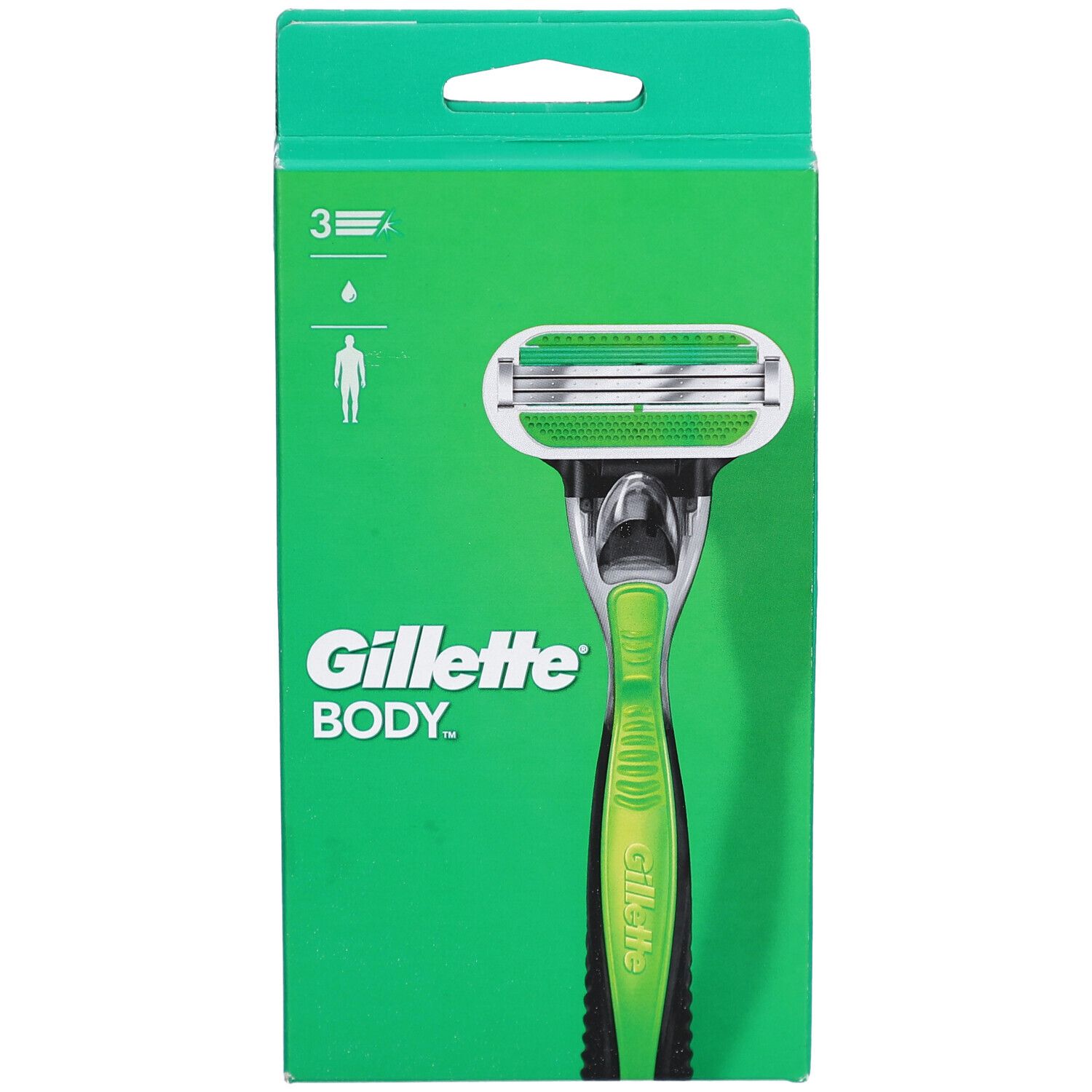 Gillette Body Rasierer-Verpackung mit 3 Klingen und grünem Griff.