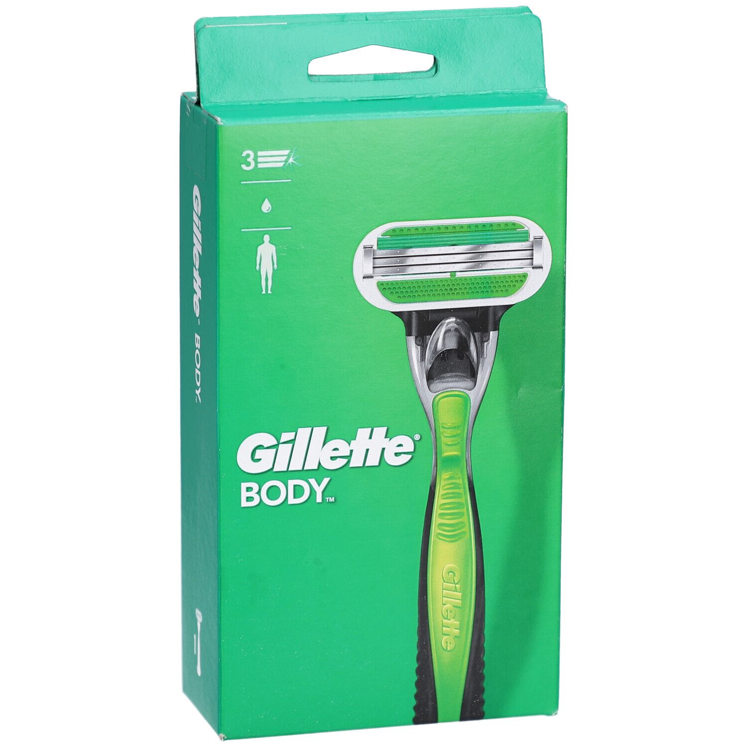 Gillette Body Rasierer in grüner Verpackung mit drei Klingen und ergonomischem Griff.