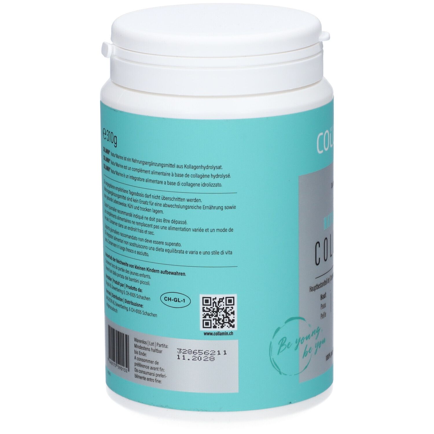 Rückseite der COLLAMIN Natur'Marine Collagen Dose. Text mit Inhaltsstoffen und Informationen. QR-Code und Mindesthaltbarkeitsdatum.