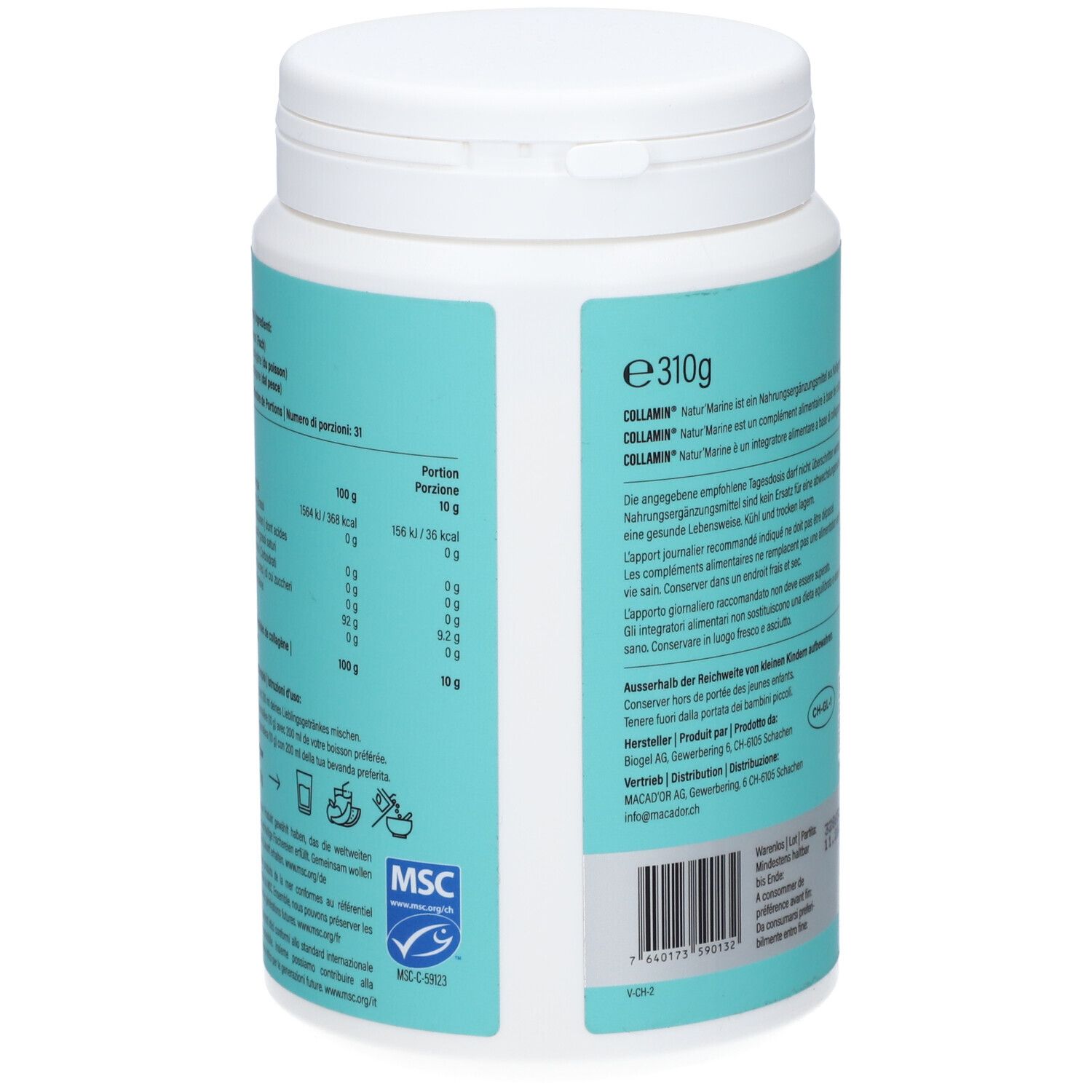 Rückseite der COLLAMIN Natur'Marine Collagen Dose. Nährwertangaben. Herstellerinformationen. MSC-Siegel. 310g.