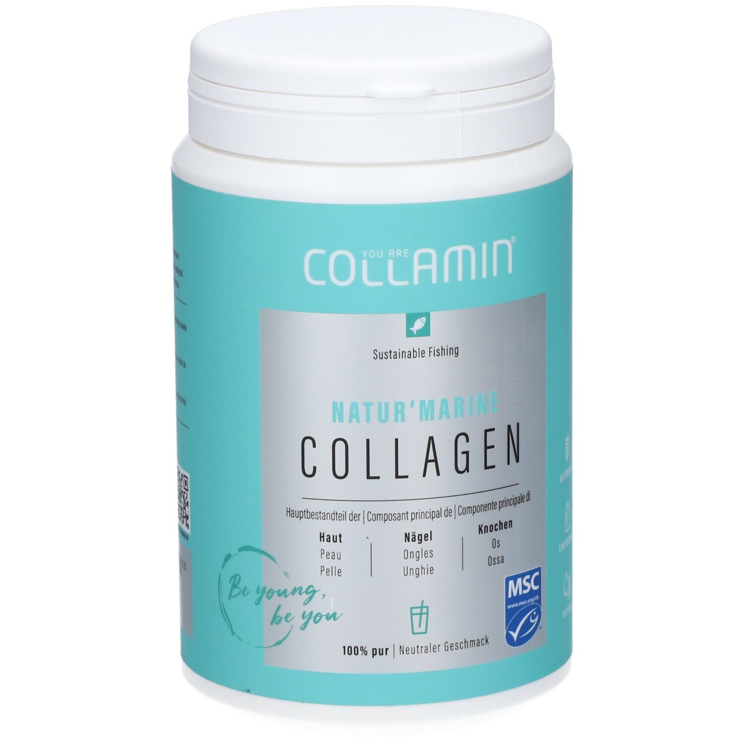 COLLAMIN Natur'Marine Collagen Dose. Türkis-weiß. Hauptbestandteil: Haut, Nägel, Knochen. MSC-Siegel. 100% pur, neutraler Geschmack.