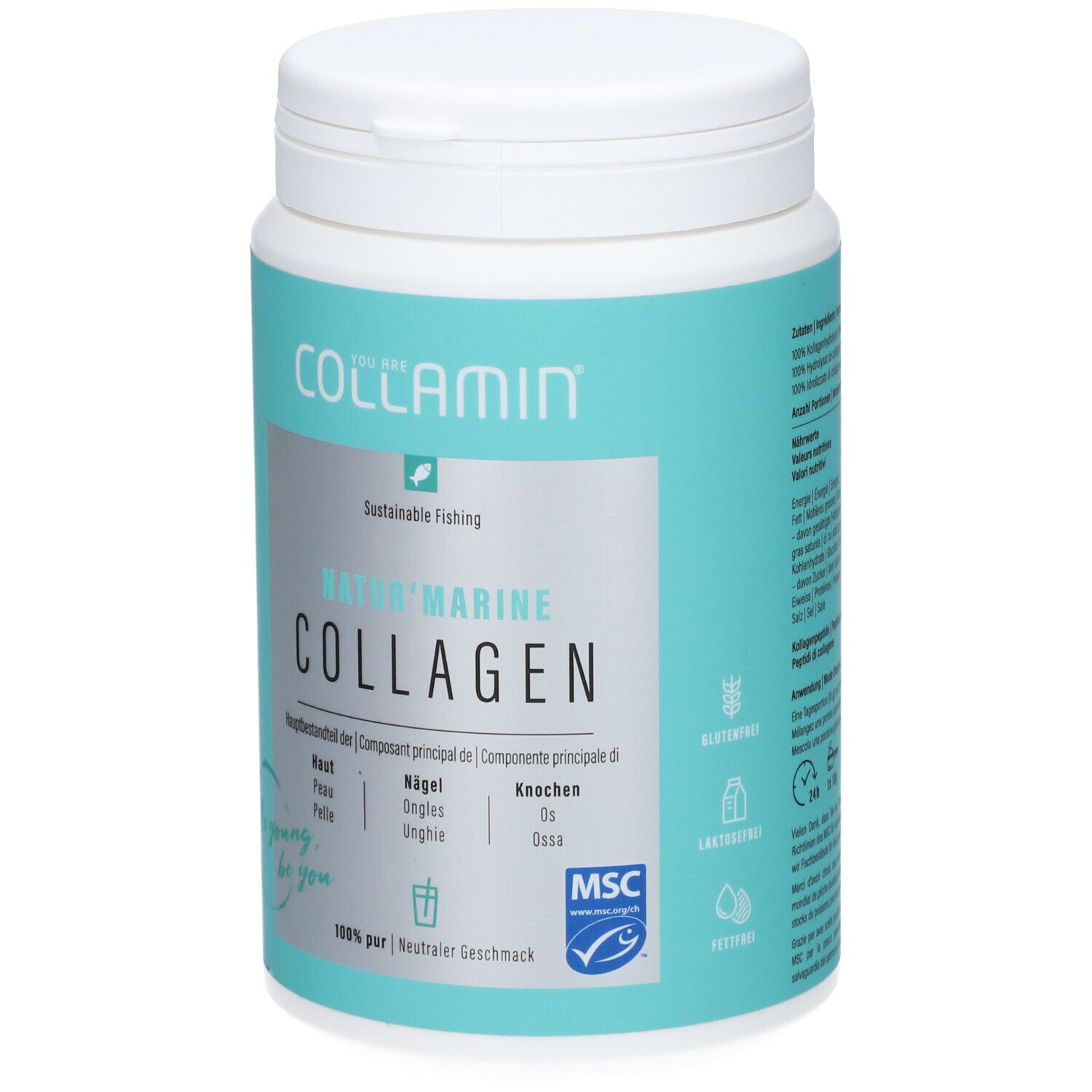 COLLAMIN Natur'Marine Collagen Dose. Türkis-weiß. Hauptbestandteil: Haut, Nägel, Knochen. MSC-Siegel. Glutenfrei, laktosefrei, ohne Ei.