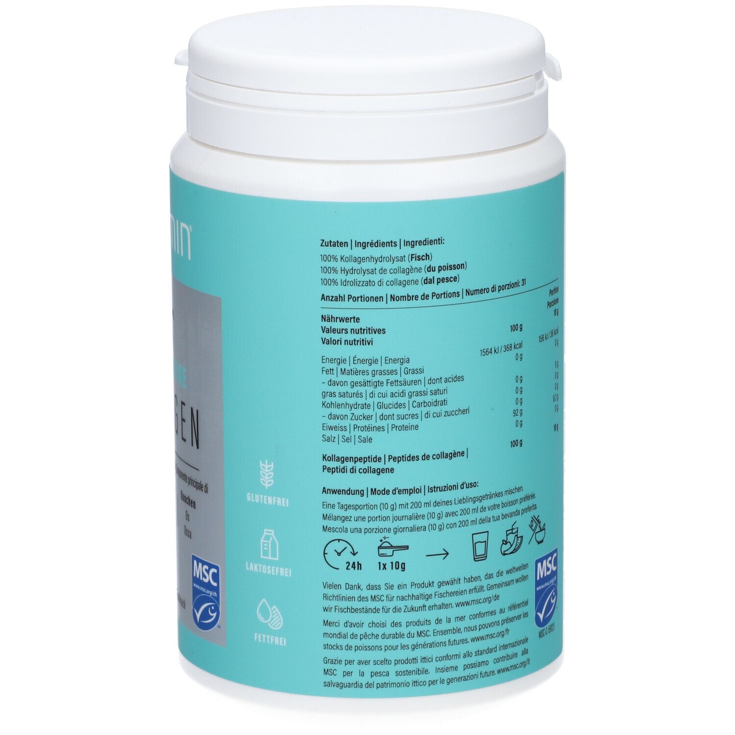 Rückseite der COLLAMIN Natur'Marine Collagen Dose. Zutaten, Nährwerte, Anwendungshinweise. Glutenfrei, laktosefrei, ohne Ei. MSC-Siegel.