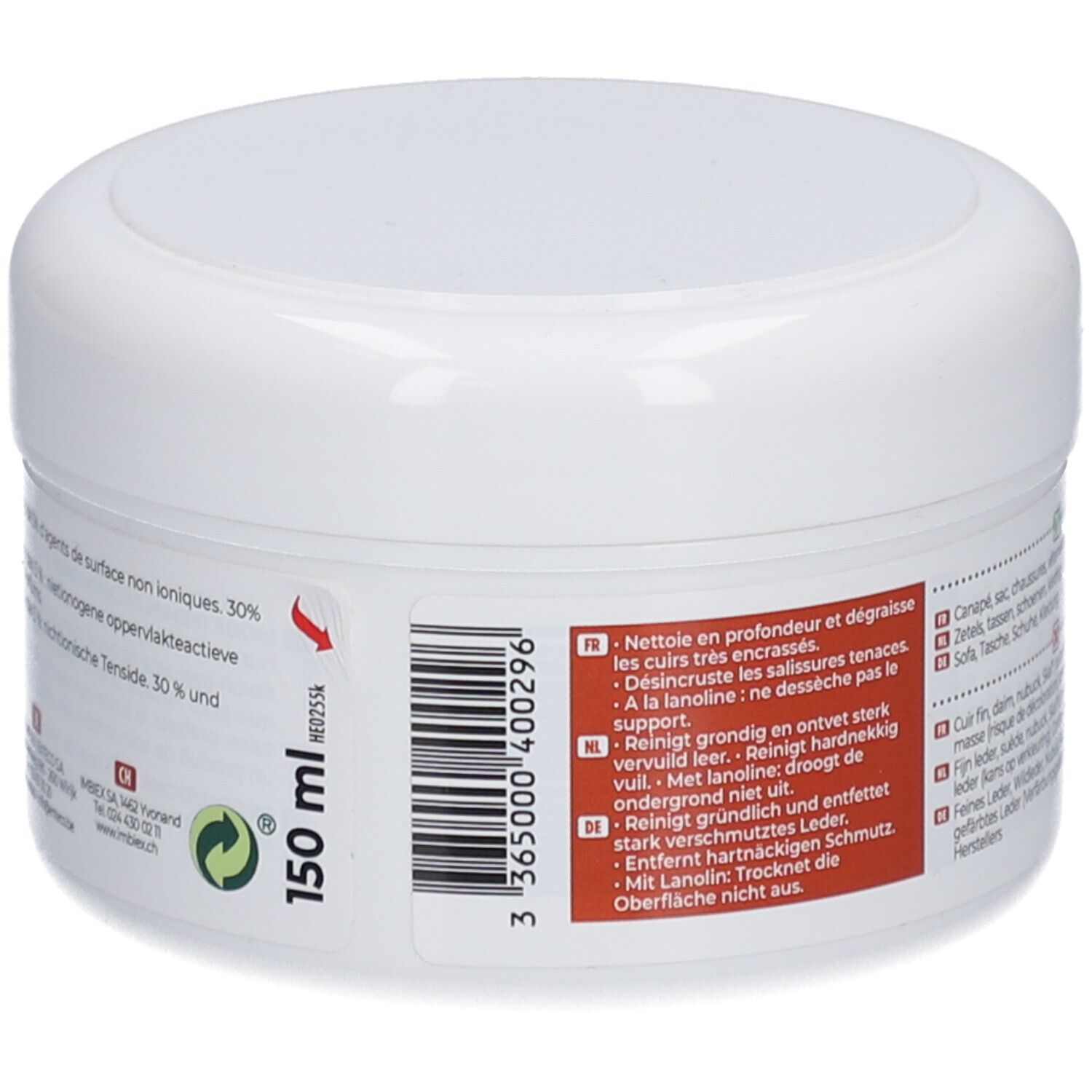 Witte pot met deksel. Sticker met tekst en symbolen. Tekst: 150 ml. Groen recyclagesymbool. Tekst: Reinigt grondig.